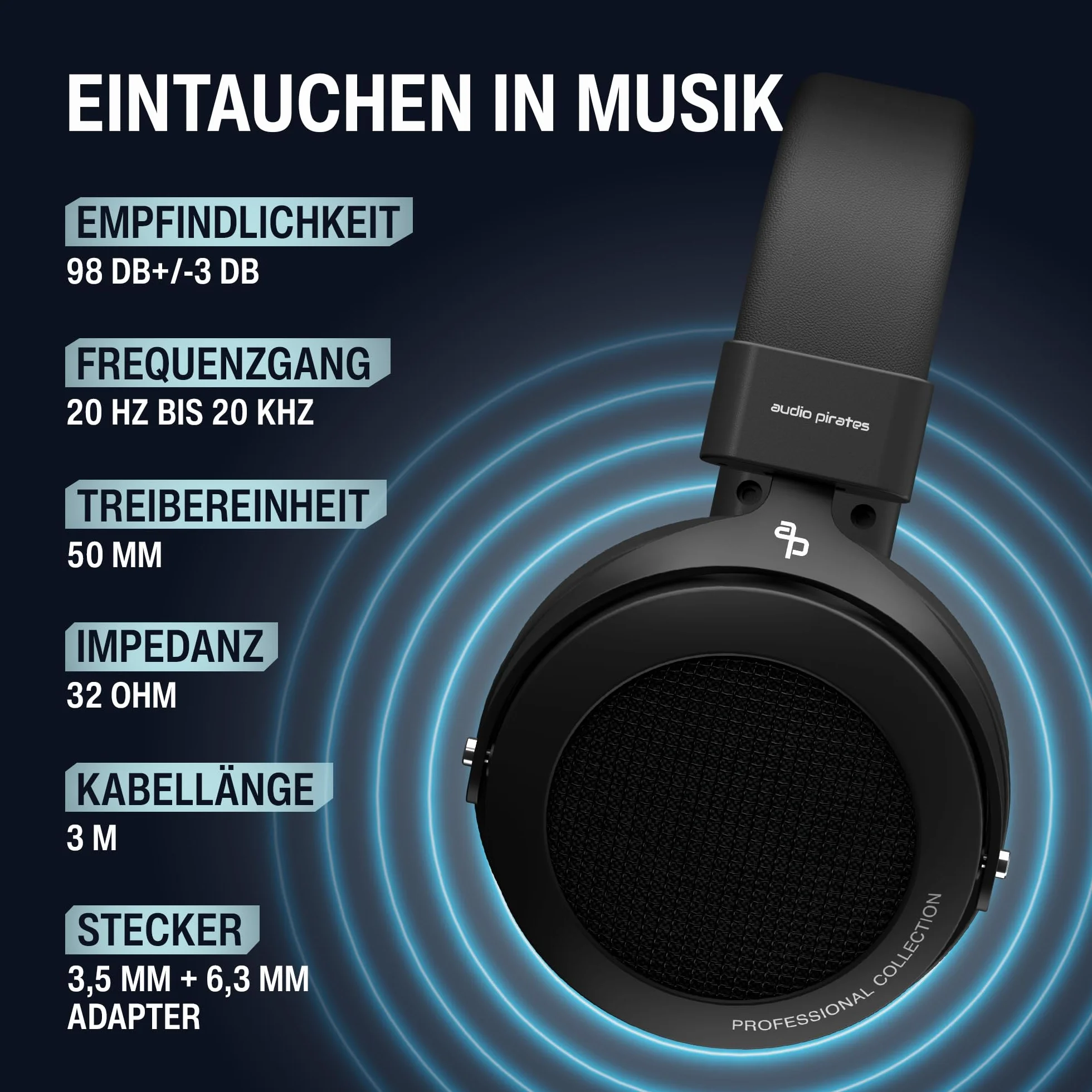audio pirates Rick Professional nauszne słuchawki studyjne – wtyczka jack z etui, dźwięk HiFi, kabel 3 m i adapter 6,3 mm – słuchawki studyjne, słuchawki Hi-Fi, wtyczka jack (1)