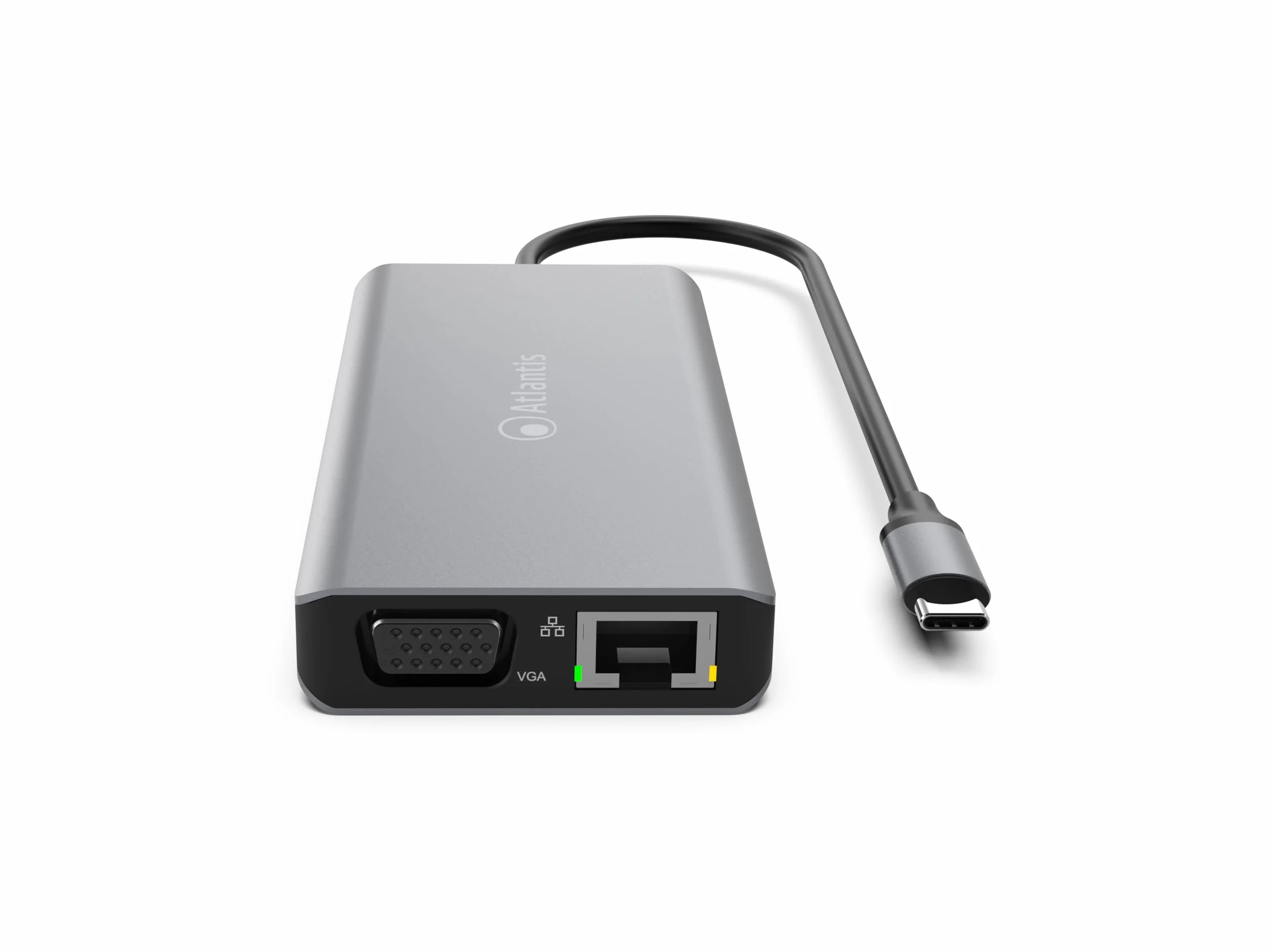 ATLANTIS A04-TC_DK46 Docking Station USB C (Type C) do HDMI 4K, VGA, Ethernet RJ45 Gigabit, 3 USB 3.0, 1 USB C, 1 PD-85W, 1 Audio IN/OUT 3.5mm, czytnik kart. Kabel 18 cm. Kompatybilny ze wszystkimi
