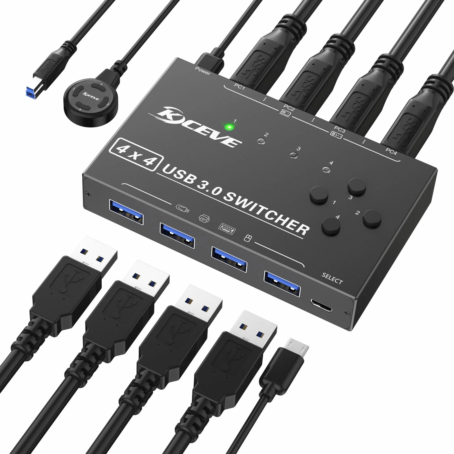 Przełącznik USB 3.0 dla 4 komputerów, 4-portowy selektor przełącznika USB Udostępnianie 4 urządzeń USB, mysz, klawiatura, skaner, drukarka, komputer PC Zgodny z systemami Mac/Windows/Linux.
