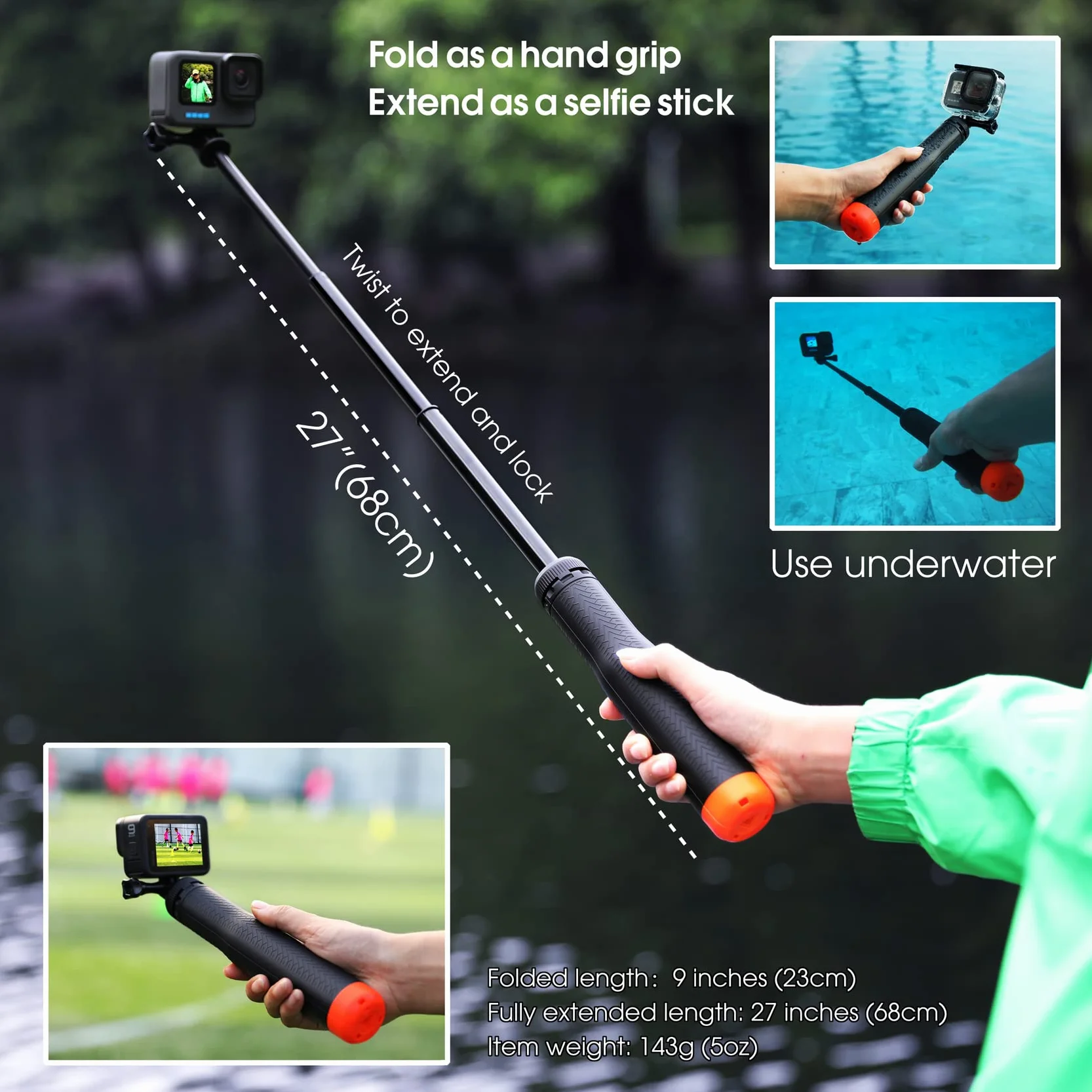 SOONSUN Pływający kij do selfie 4 w 1 do GoPro Hero 11, 10, 9, 8, 7, 6, 5, 4, 3, Max, Fusion, Session, DJI OSMO, AKASO, Insta360 – używaj jako pływający uchwyt, wysuwany monopod, uchwyt ręczny, stojak