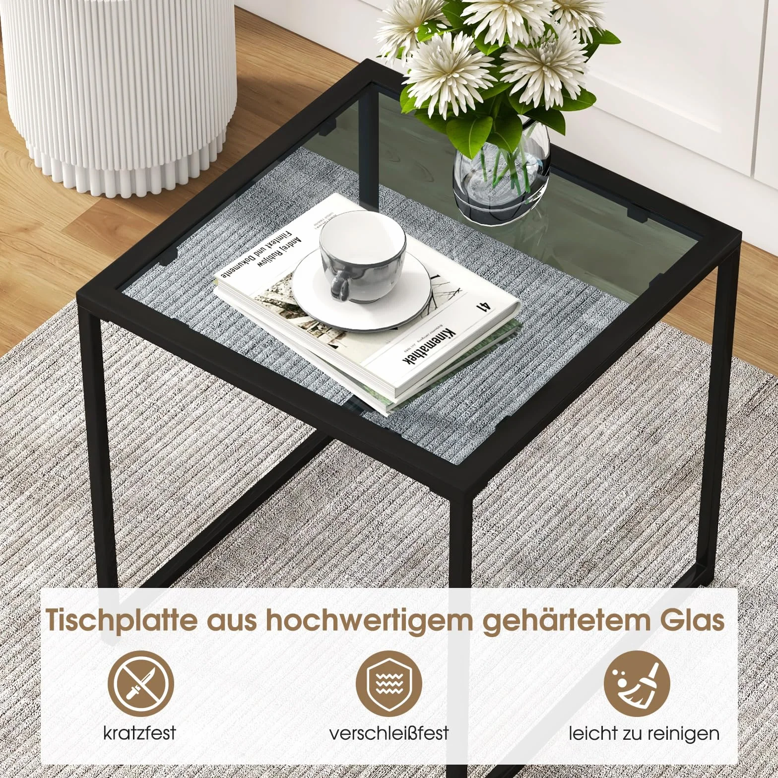 COSTWAY Stolik pomocniczy, mały stół ogrodowy, stół balkonowy z blatem z hartowanego szkła, stolik kawowy do salonu, ogrodu, na balkon, taras, 43 x 43 x 45 cm, ZB33386DE