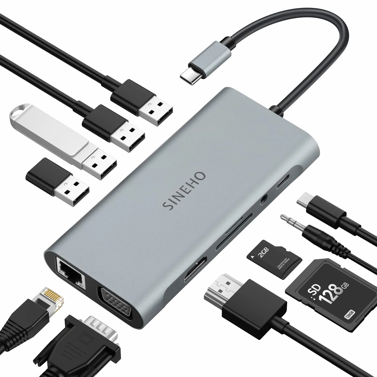 Hub USB C 11-w-1 HDMI 4K VGA Ethernet czytnik kart SD/TF | Ładowanie PD 100 W, 4 porty USB i audio 3,5 mm dla MacBook Pro/MacBook Air, Surface, XPS i więcej