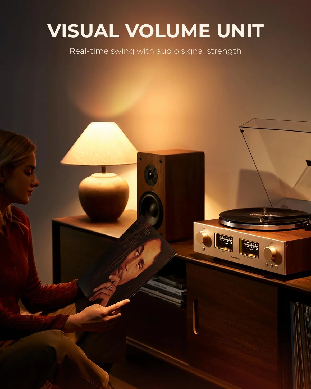 QLEARSOUL HiFire X Gramofon z płytą winylową, system gramofonu HiFi audiofilski z głośnikami regałowymi 100W, wskaźnik VU, pre-amp DSP, kompatybilny z 33/45 RPM, RCA Line IN | out
