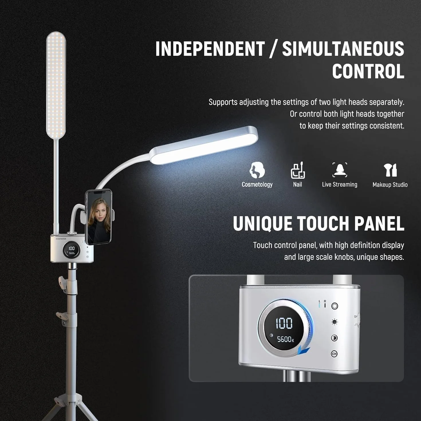 Neewer Kosmetyczka z uchwytem na telefon i zestawem torby podróżnej, lampa do aparatu LED z 2,4G/PC/Mac i oddzielnym sterowaniem 2 świecącymi pałeczkami, CRI98+, oświetlenie do tatuażu/urody