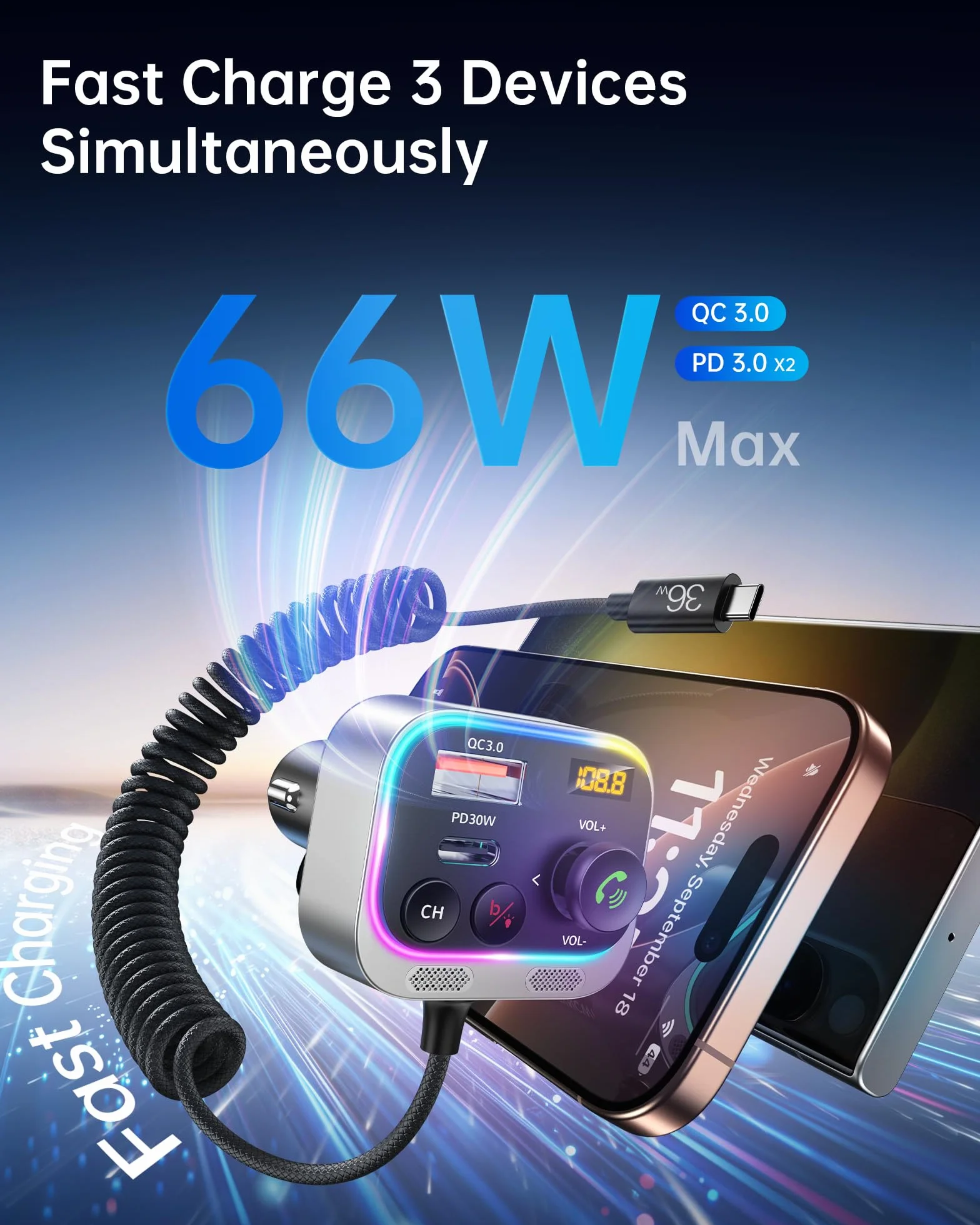 Syncwire Transmiter FM Bluetooth 5.4, adapter samochodowy, 66 W, PD QC 3.0, ładowarka samochodowa z kablem spiralnym USB-C, bezprzewodowy adapter radiowy FM, silne mikrofony i basowy dźwięk Hi-Fi,