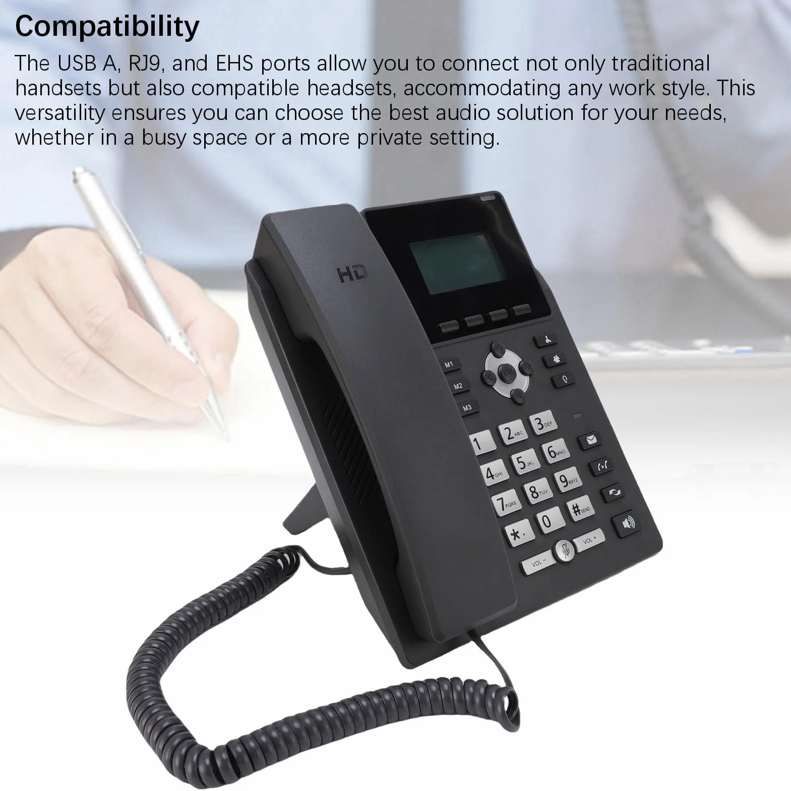 Biznesowy Telefon IP Obsługujący 2 Linie Usługowe w Celu Wygodnego Zarządzania Połączeniami Podwójny Port Gigabit Ethernet Porty USB A, RJ9 i EHS Zapewniające elastyczną łączność