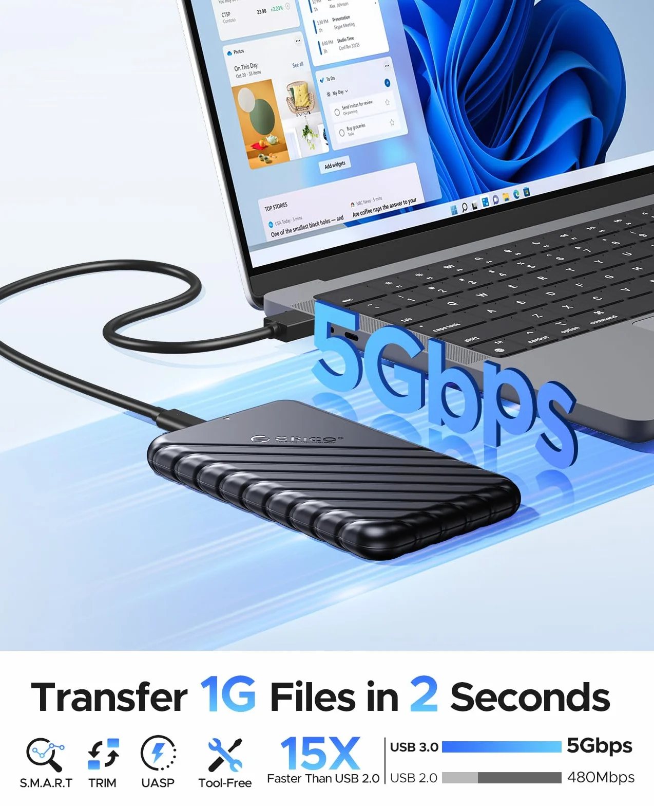 ORICO 2,5 cala obudowa HDD USB 3.0 zewnętrzna SATA SSD 9,5mm 7mm UASP Trim czarna 25PW1-U3