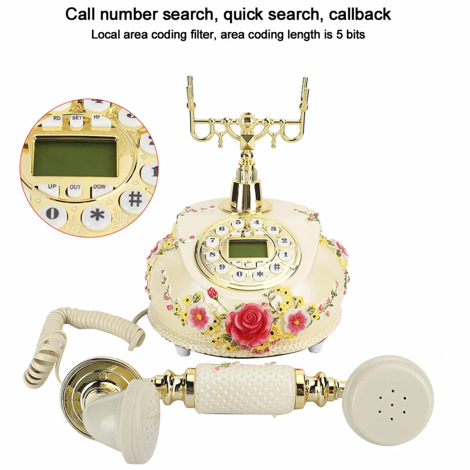 Telefon w stylu retro vintage, klasyczny telefon biurkowy w stylu retro pasterskim z klasycznym metalowym dzwonkiem, przewodowy telefon stacjonarny z wyświetlaczem LCD do domu, biura, hotelu, galerii