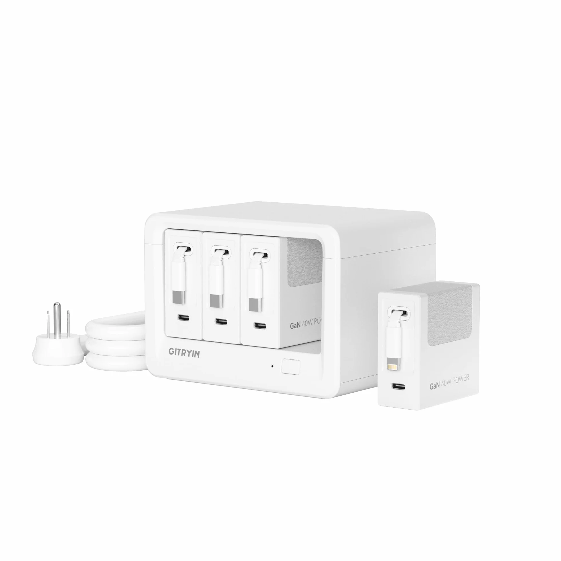 Gitryin Stacja ładująca 12 w 1 z 3 wysuwanymi ładowarkami typu C i 1 ładowarką Lightning, 40 W USB-C z kablem 80 cm, przedłużacz z zabezpieczeniem przed