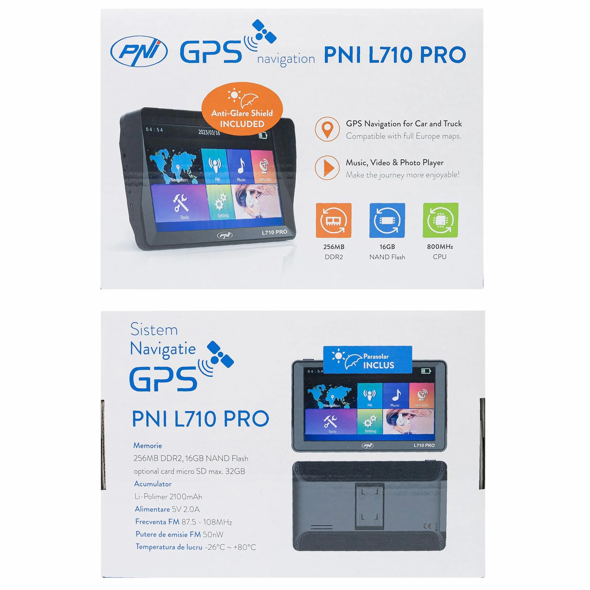 System nawigacji GPS PNI L710 PRO z osłoną przeciwsłoneczną, 7 cali, 800 MHz, 256 MB DDR, 16 GB pamięci wewnętrznej, nadajnik FM, w zestawie dwa zasilacze samochodowe