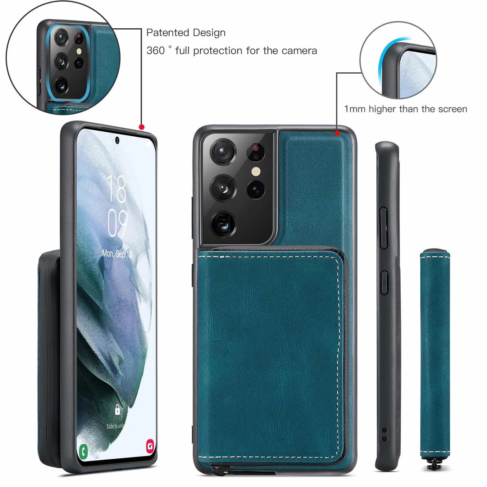 Skórzane etui do Samsung Galaxy S24 Ultra/S24 Plus/S24, ultracienkie etui portfelowe z kieszenią na zamek błyskawiczny, etui premium biznesowe, odporne na wstrząsy, niebieskie, S24 Ultra