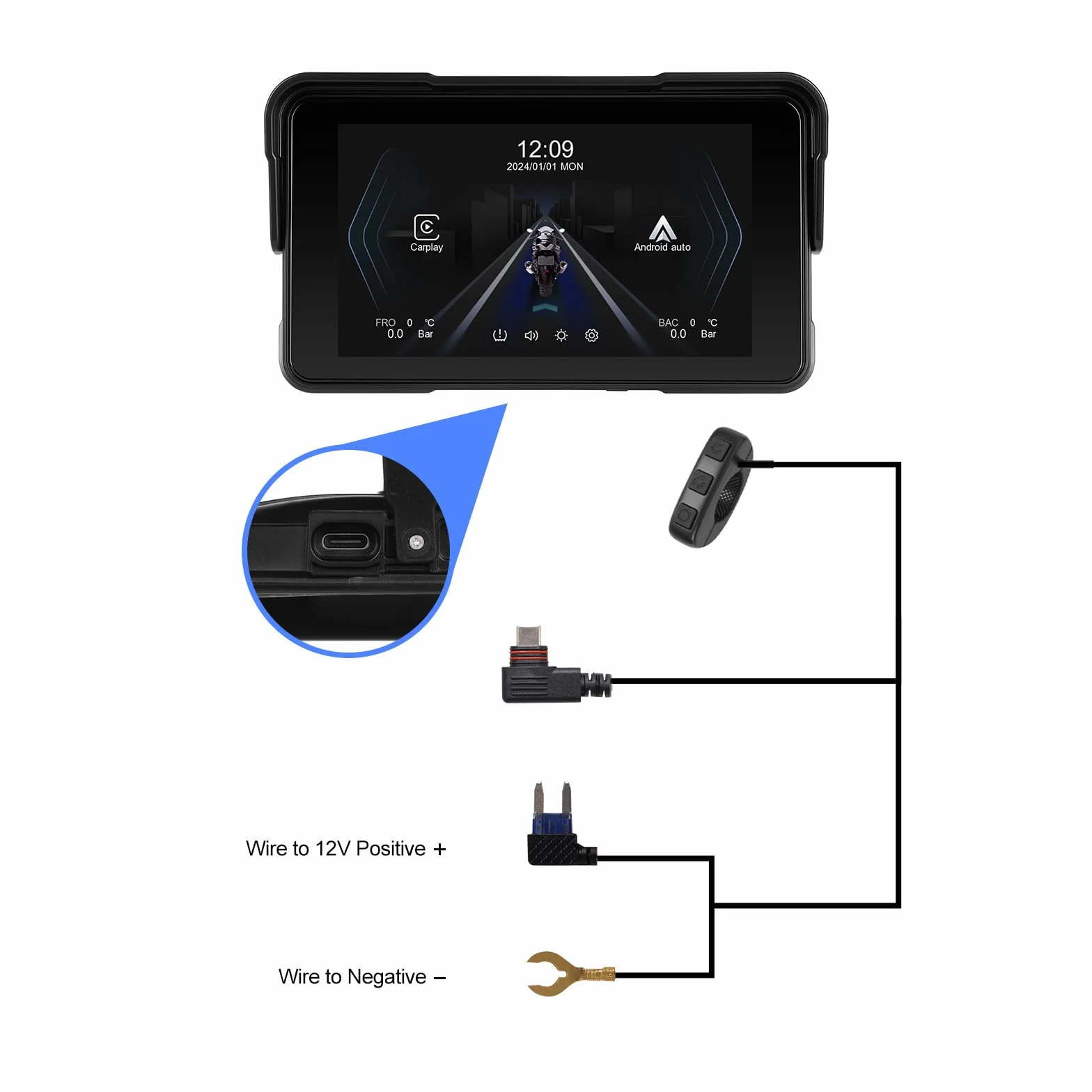 Rimoody GPS motocyklowy 5 cali z funkcją CarPlay i bezprzewodowym systemem Android Auto - wodoodporna nawigacja motocyklowa IP68, ekran dotykowy 5'', uniwersalne mocowanie fizyczne przyciski