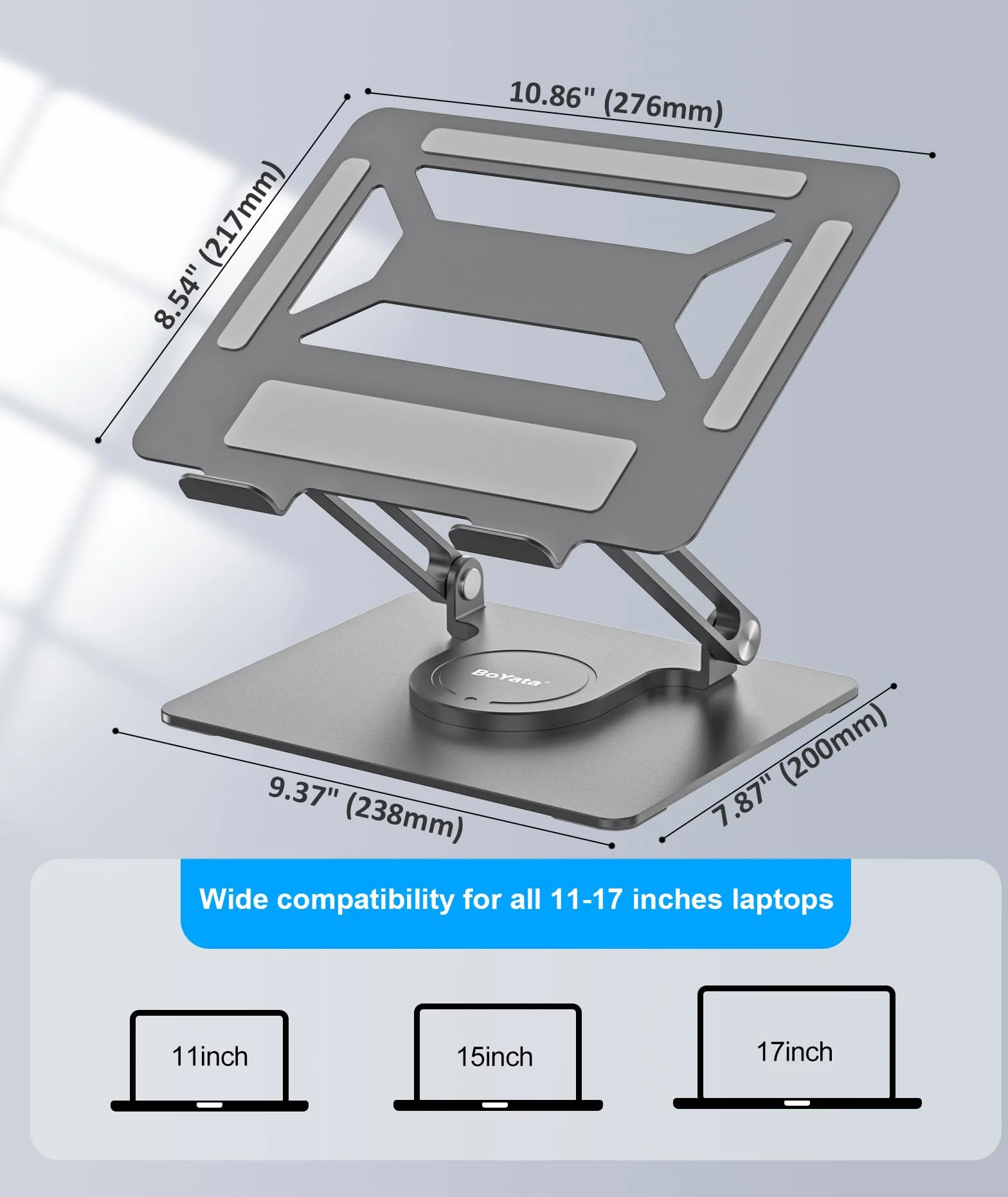 BoYata Stojak na laptopa na biurko, Regulowany stojak na komputer z podstawą obrotową 360°, Ergonomiczny, składany uchwyt na laptopa, Kompatybilny ze wszystkimi notebookami do 17"-Szary