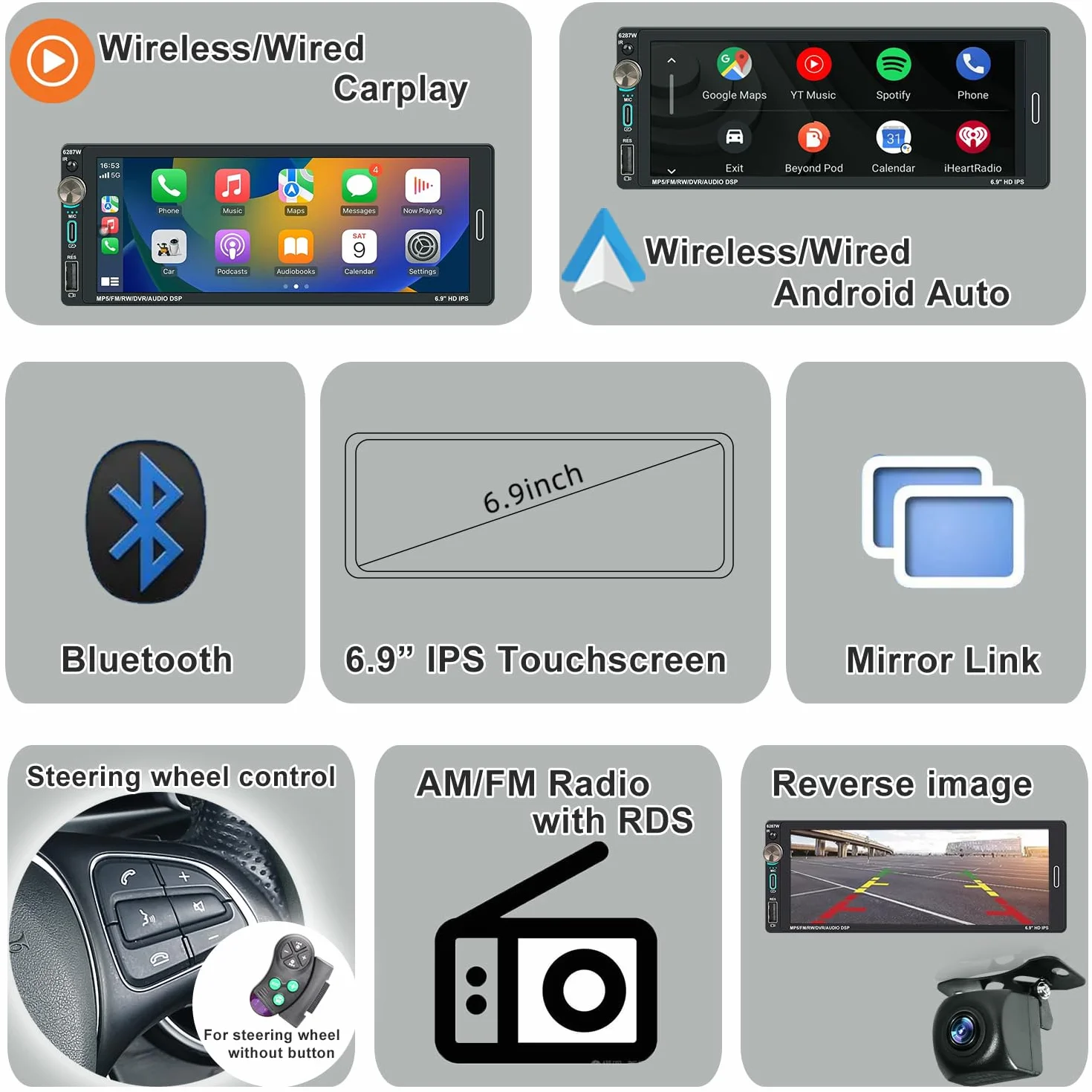 Radio samochodowe 1 DIN z ekranem (6,9 cala) kompatybilne z Apple CarPlay [bezprzewodowe] /Android Auto Bluetooth FM/RDS Radio USB (typ C szybkie ładowanie 2,1 A), kamera cofania
