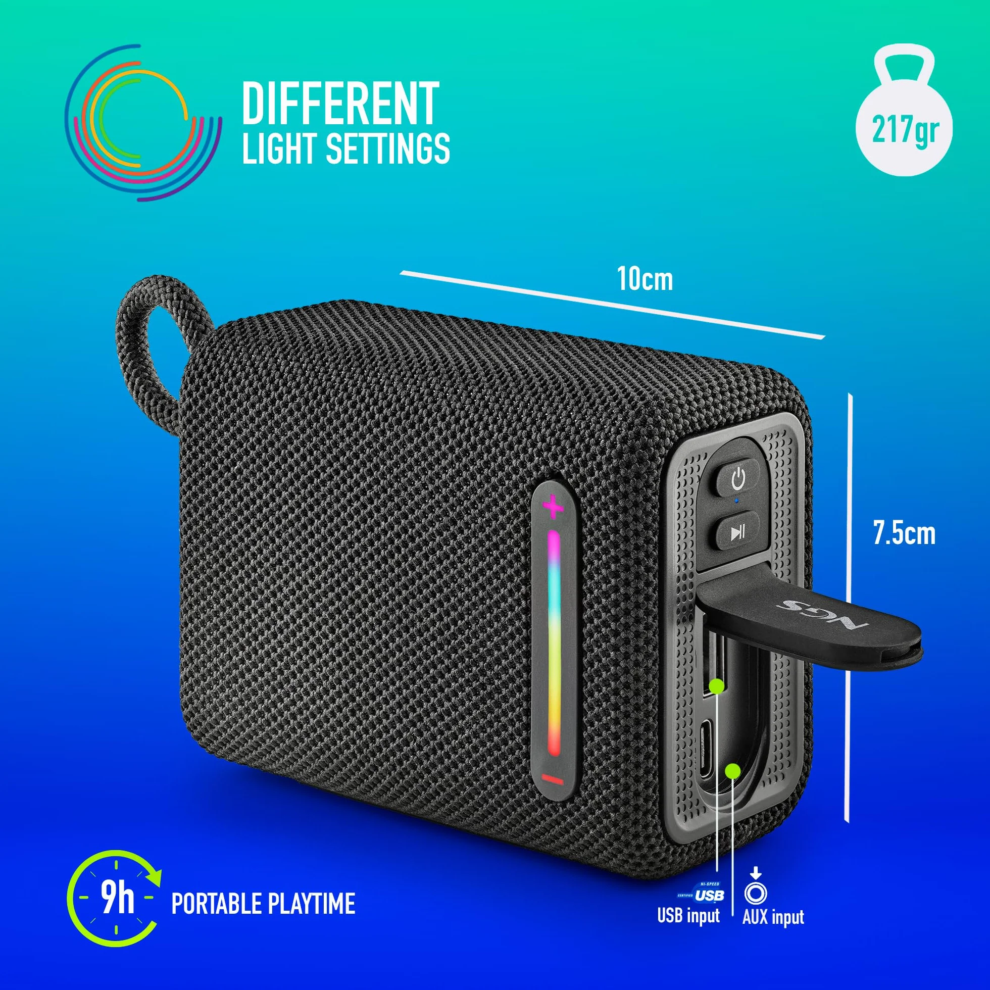 NGS Roller Furia 1 Blue przenośny głośnik z technologią Bluetooth, światła RGB, wodoszczelność IPX6, 15 W, True Wireless, USB, czas pracy baterii 9 godzin, niebieski
