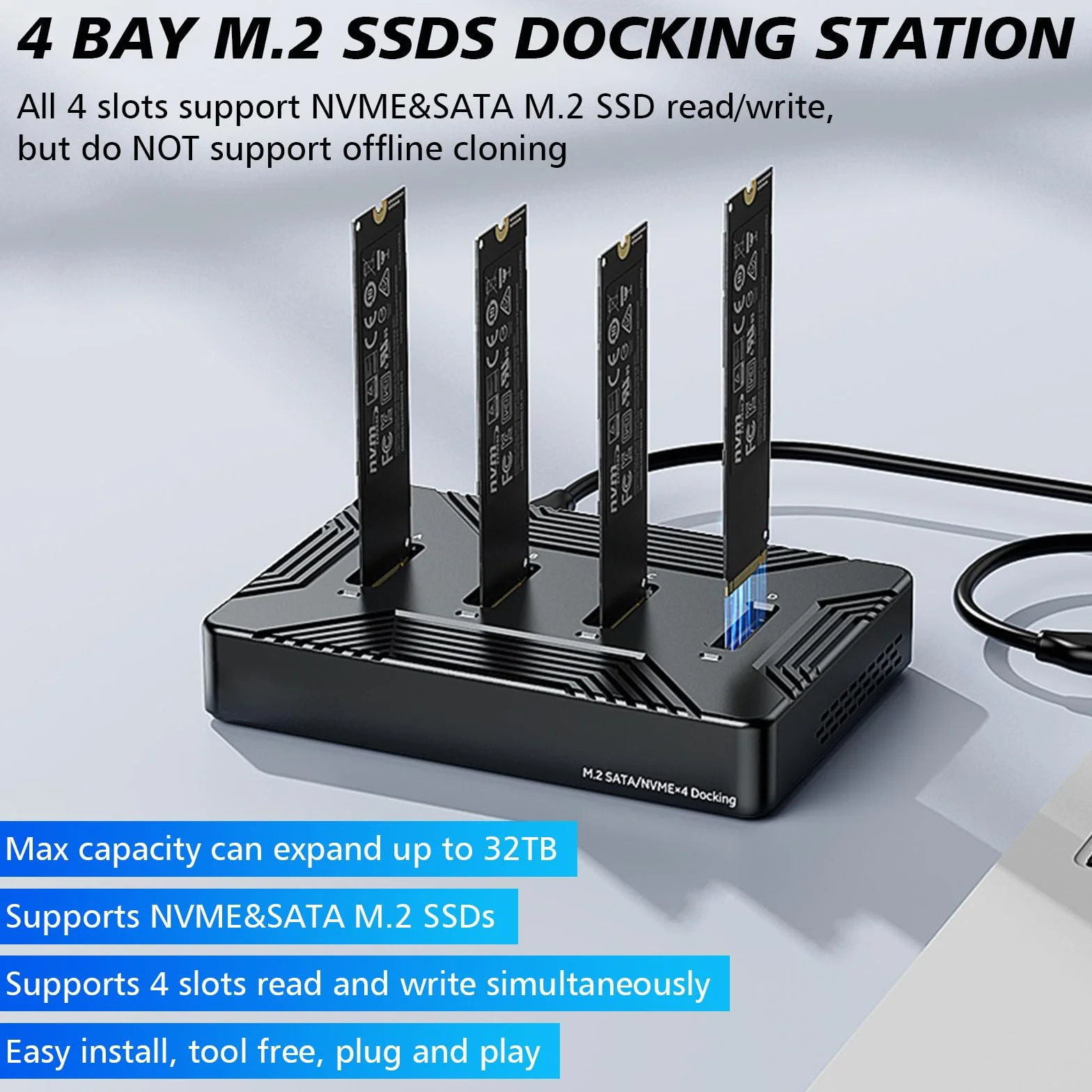 M.2 NVME SATA SSD stacja dokująca, USB 3.2 Gen 2 10 Gbps M2 SSD stacja dokująca do M-Key B+M Key, 4 Bay Stacja dokująca do dysków twardych 2230 2242 2260 2280 SSD, aluminiowy adapter dysków twardych