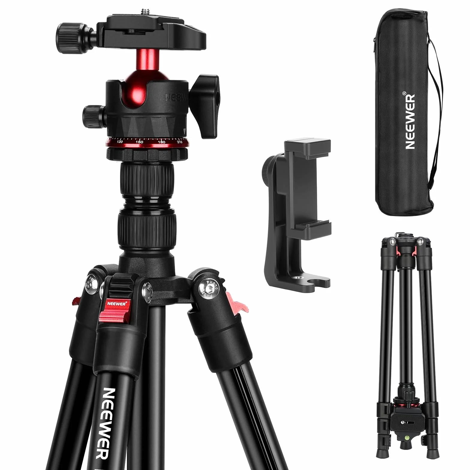 NEEWER BASICS Statyw Aparat podróżny 182 cm, lekki przenośny statyw DSLR z głowicą kulową, płyta QR Arka, uchwyt na telefon kompatybilny z iPhone do zdjęć i filmów, Max 6 kg, TP14