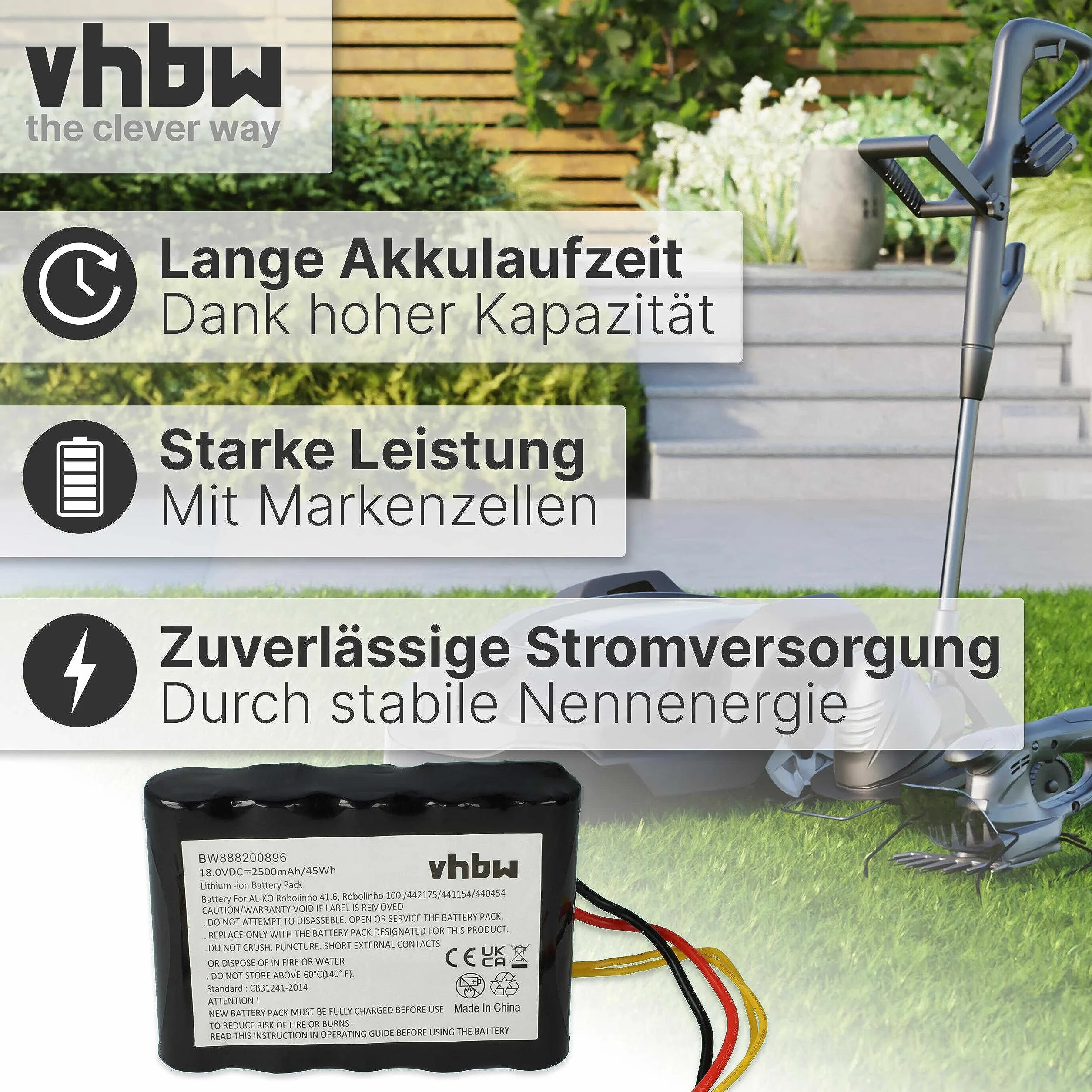 vhbw 1 x akumulator kompatybilny z AL-KO Robolinho 300 E, 450 W, 350 W, 520 W kosiarka do trawy 2500 mAh 18 V litowo-jonowa
