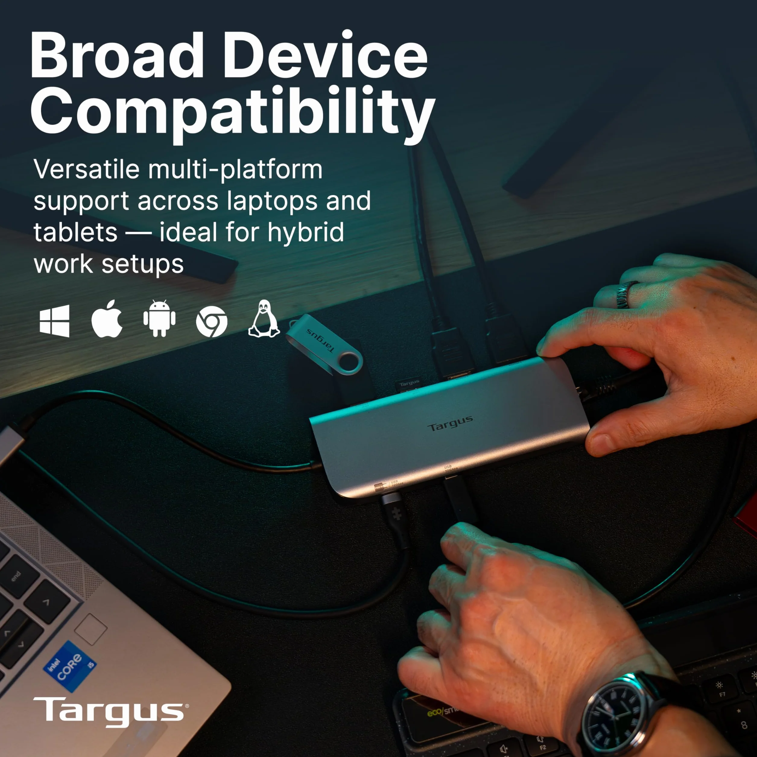 Targus Podwójna mobilna stacja dokująca wideo z 140 W EPR Power Pass-Through, Dual HDMI 4K przy 60 Hz, 2 x USB-C i 2 x USB-A 10 Gb/s, Gigabit Ethernet, EcoSmart Design DOCK427GL