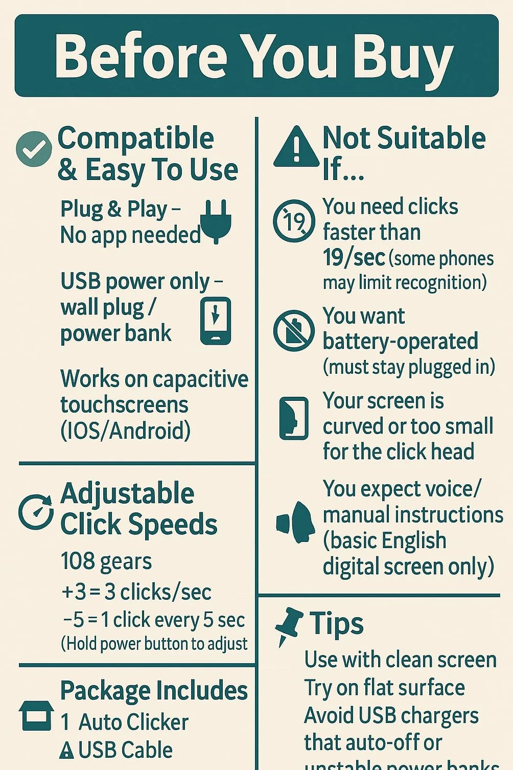 Auto Screen Clicker Przenośny Symulowany palec Regulowana prędkość Fizyczny zatrzask