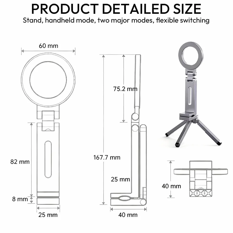Magnetyczny statyw do telefonu komórkowego 3 w 1, mini kijek do selfie, aluminiowy, składany tripod, statyw do selfie, kompatybilny z iPhone 16, 15, 14, 13, 12, Magsafe, Sumsung, czarny (srebrny)