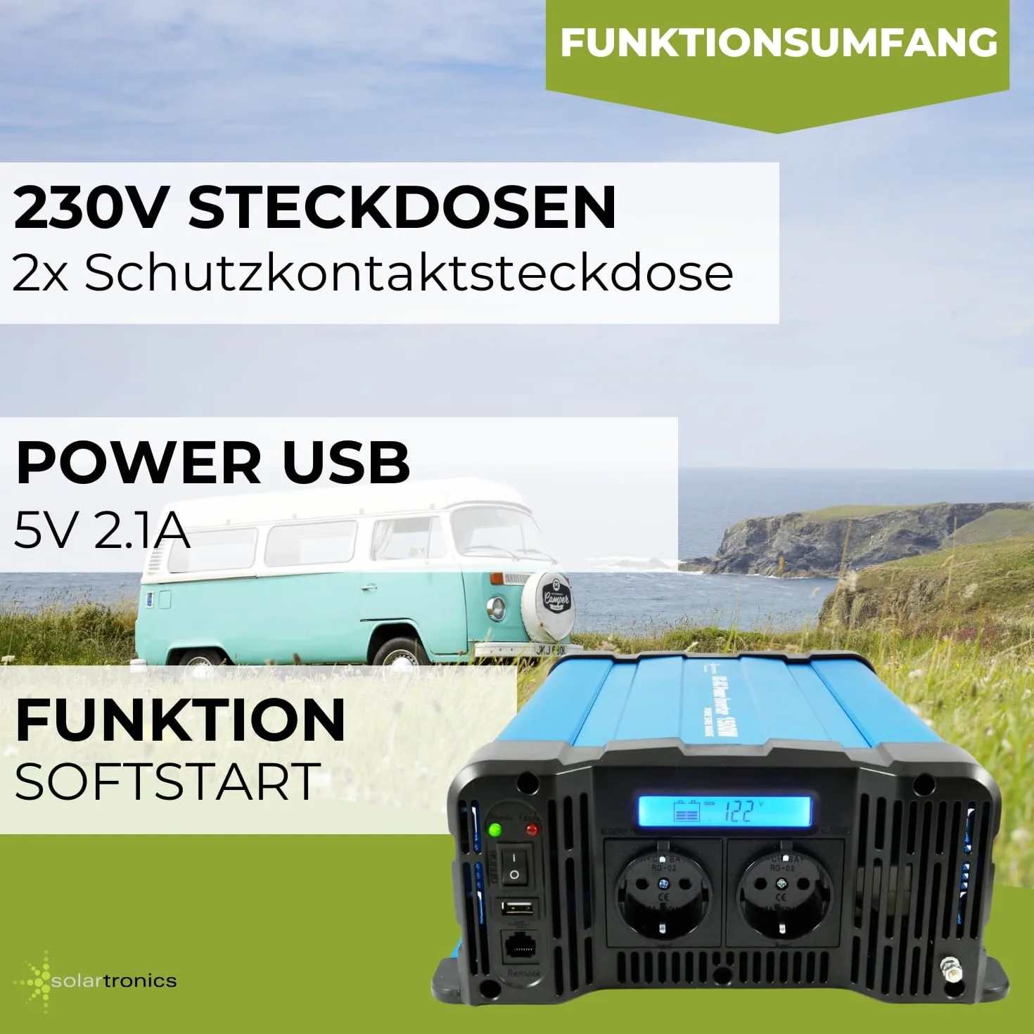 Solartronics Przetwornica napięcia FS1500D 12V 1500/3000 W, czysty sinus niebieski z wyświetlaczem