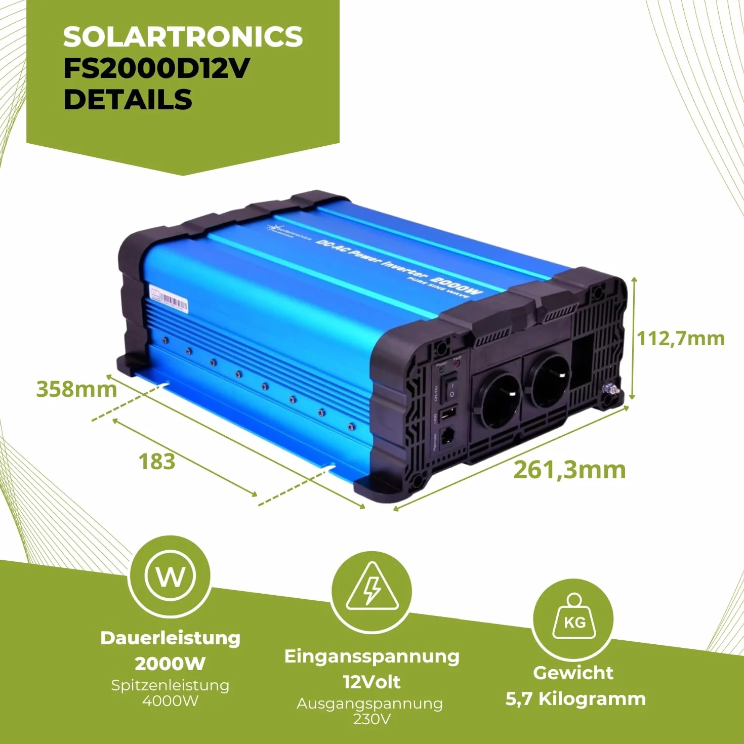 SOLARTRONICS Przetwornica napięcia FS2000DR 12 V 2000 W - falownik 12 V na 230 V - czysty sinus - kompatybilny z LiFePO4/litową, ołowiową, żelową lub AGM - USB - pilot zdalnego sterowania opcjonalnie