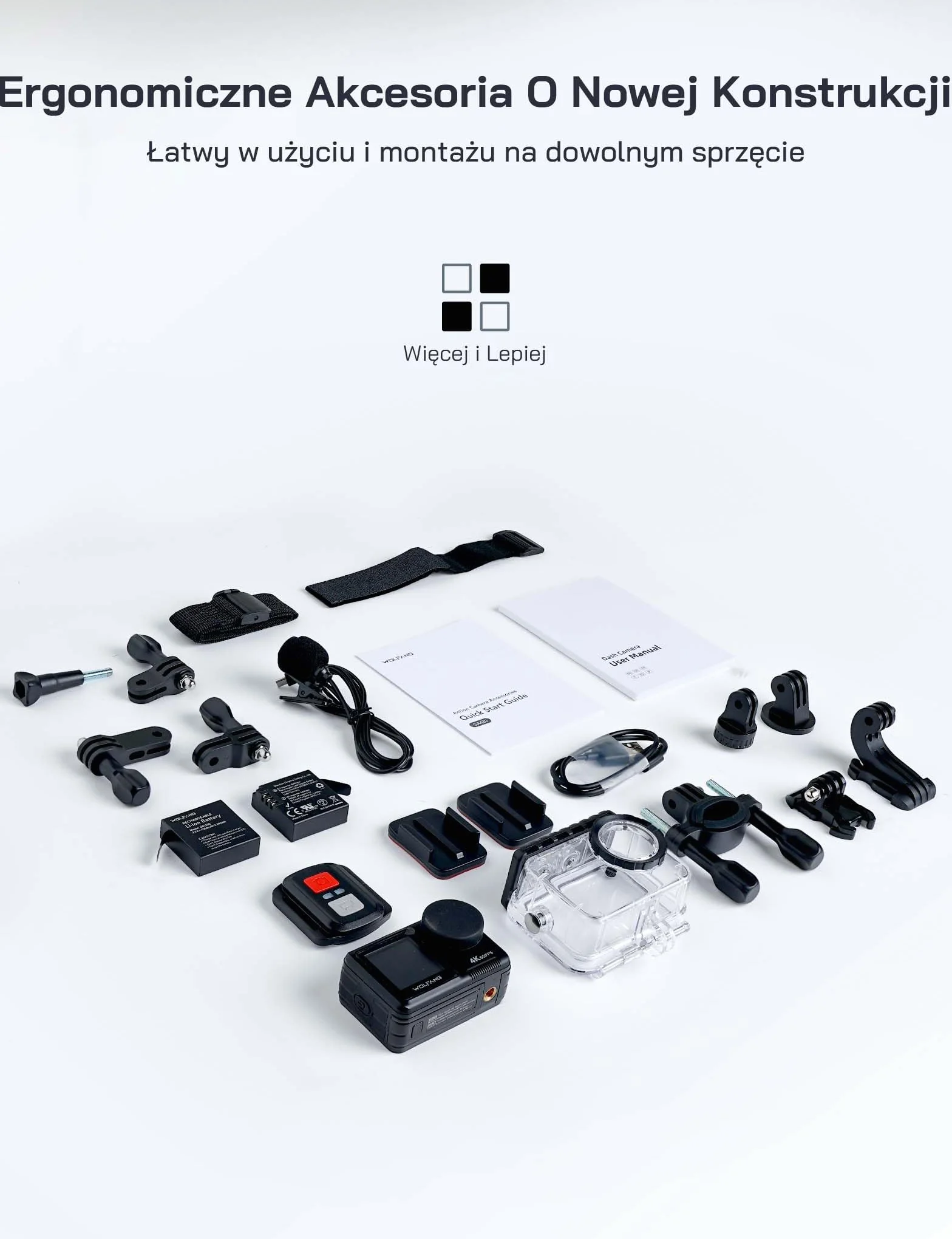 WOLFANG GA420 Kamera akcji 4K 60FPS 20MP Kamera podwodna WiFi 40M Wodoodporny stabilizator obrazu EIS Dwuekranowa kamera na kask (zewnętrzny mikrofon, pilot, 2x1350mAh baterie i zestaw akcesoriów)