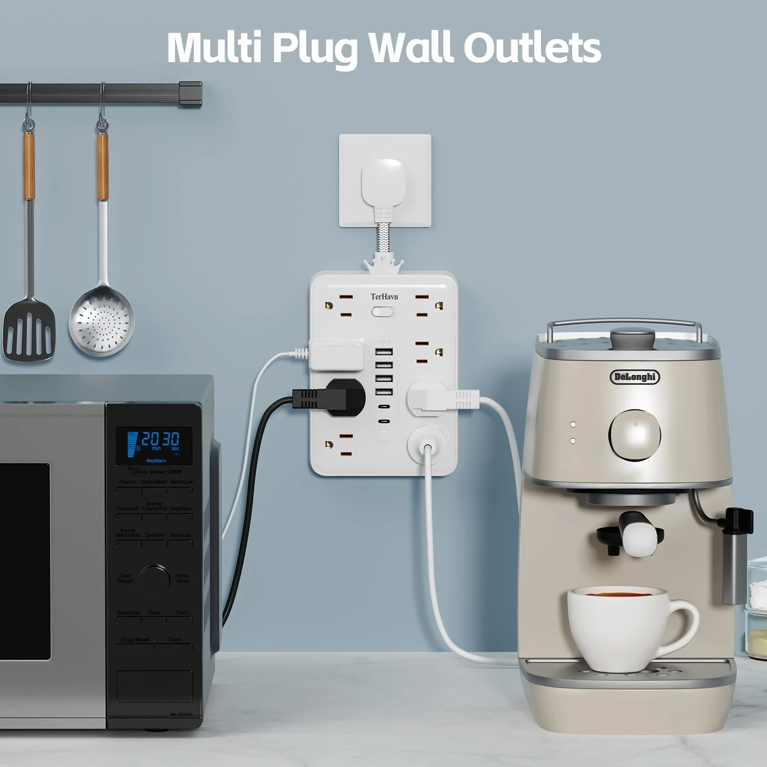 Ultra cienka płaska wtyczka, zabezpieczenie przed przeciążeniem, listwa zasilająca z 8 gniazdami AC, 6 USB (2 USB C) do domu, biura, sypialni, podróży, niezbędników, 15 A, 1875 W UL