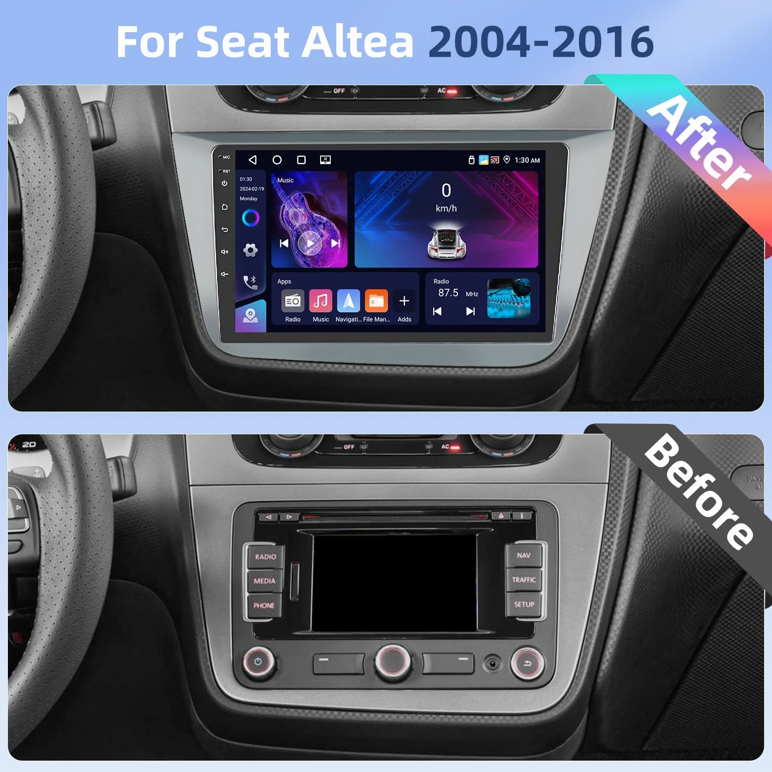 Hikity [4+64GB] Android 15 Radio, CarPlay Android Auto Bezprzewodowe, dla Seat Altea 2004-2016, 9-calowy ekran, Bluetooth, Mirror Link, Kamera cofania, Nawigacja GPS, EQ, DSP, WiFi, FM, RDS, SWC, USB
