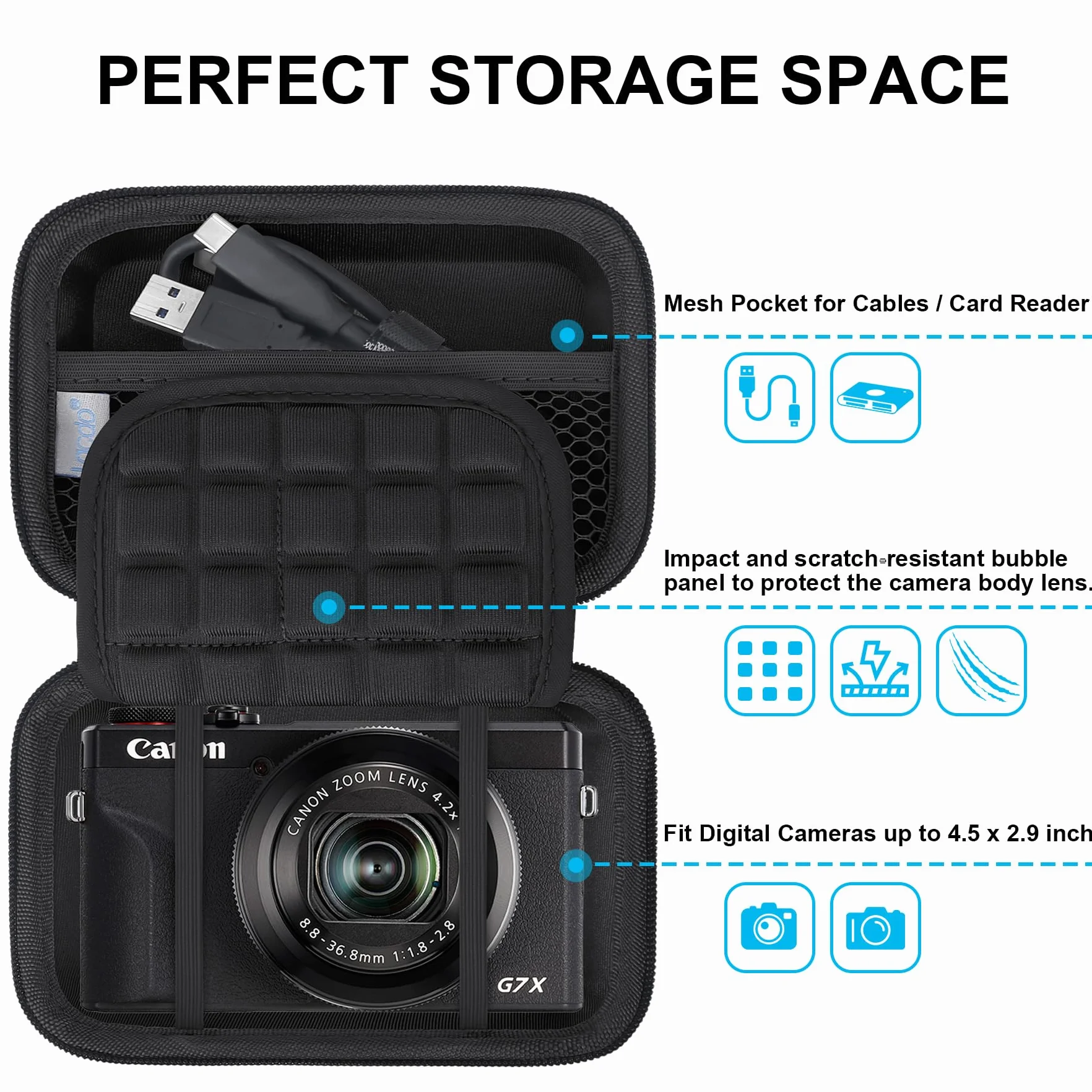 Lacdo Futerał na aparat fotograficzny dla Canon PowerShot G7 X Mark III/PowerShot G7 X Mark II 4K Vlogging Camera Wskaż i Zrób Zdjęcie Torba na Aparat do Vlogowania Etui na USB, Baterie, Czarny+Czarny