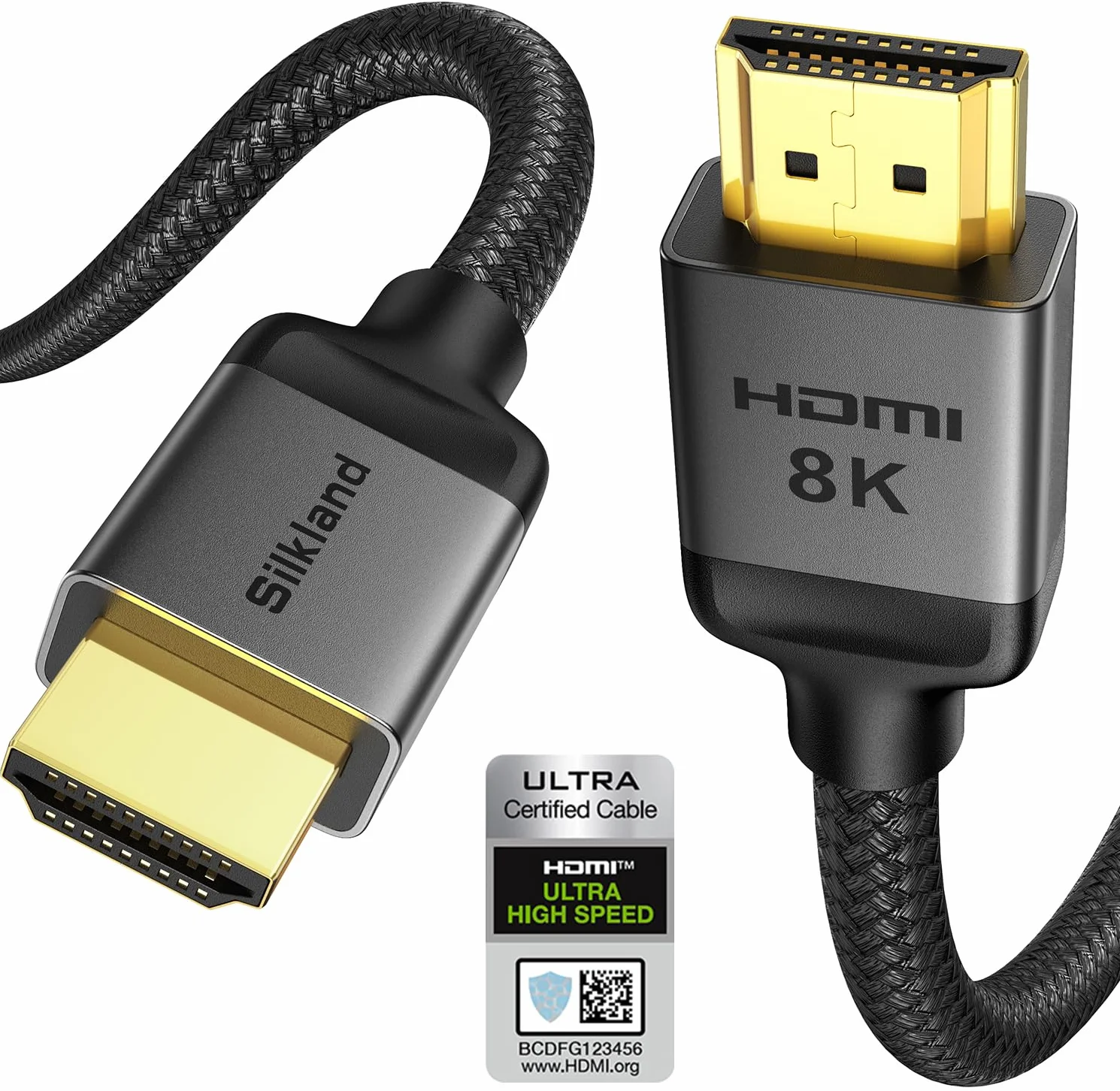 Silkland 10K 8K Kabel HDMI 2.1 2M, Certyfikowany Kabel HDMI® 2.1 4K@144Hz/120Hz 8K@60Hz, eARC, HDR10, Dolby Atmos, 48Gbps, HDCP2.3 do HDTV/Soundbar/PS5/Blu-Ray/Switch/Projector/Laptop/TV Box/PC