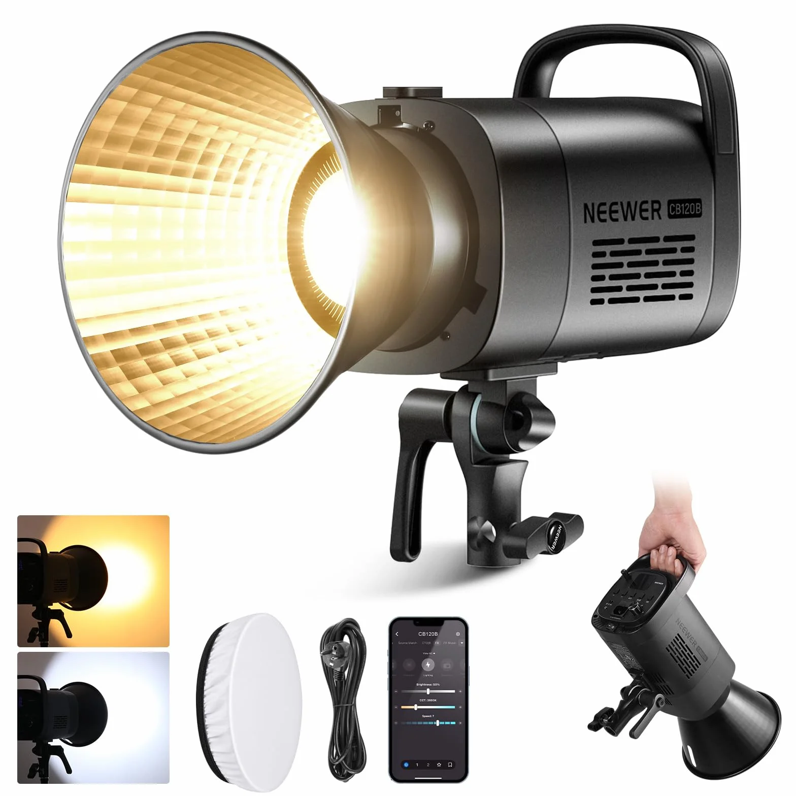 NEEWER CB120B lampa wideo LED 120 W ze sterowaniem aplikacją 2,4 G, COB, dwukolorowa, 2700 K – 6500 K, 78000 luksów przy 1 m/CCT / CRI97/12 scen/uchwyt Bowens, światło ciągłe do fotografii