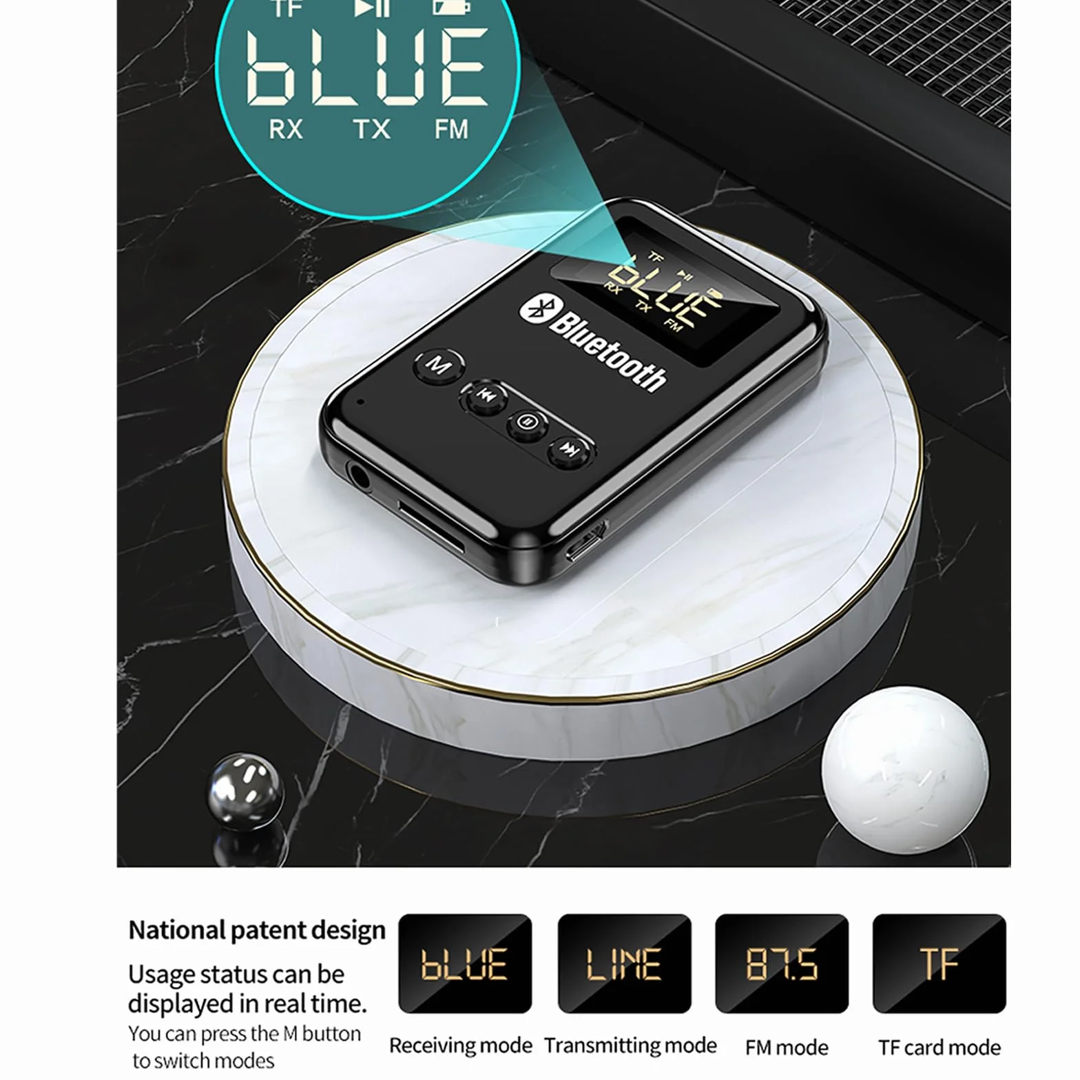 Nadajnik-odbiornik Bluetooth 5.0, Przenośny Bezprzewodowy Adapter Nadawczo-odbiorczy, Obsługa Odtwarzania Kart TF/transmisja FM (87,5~108 HMZ FM), Do Głośników Słuchawki Samochodowe