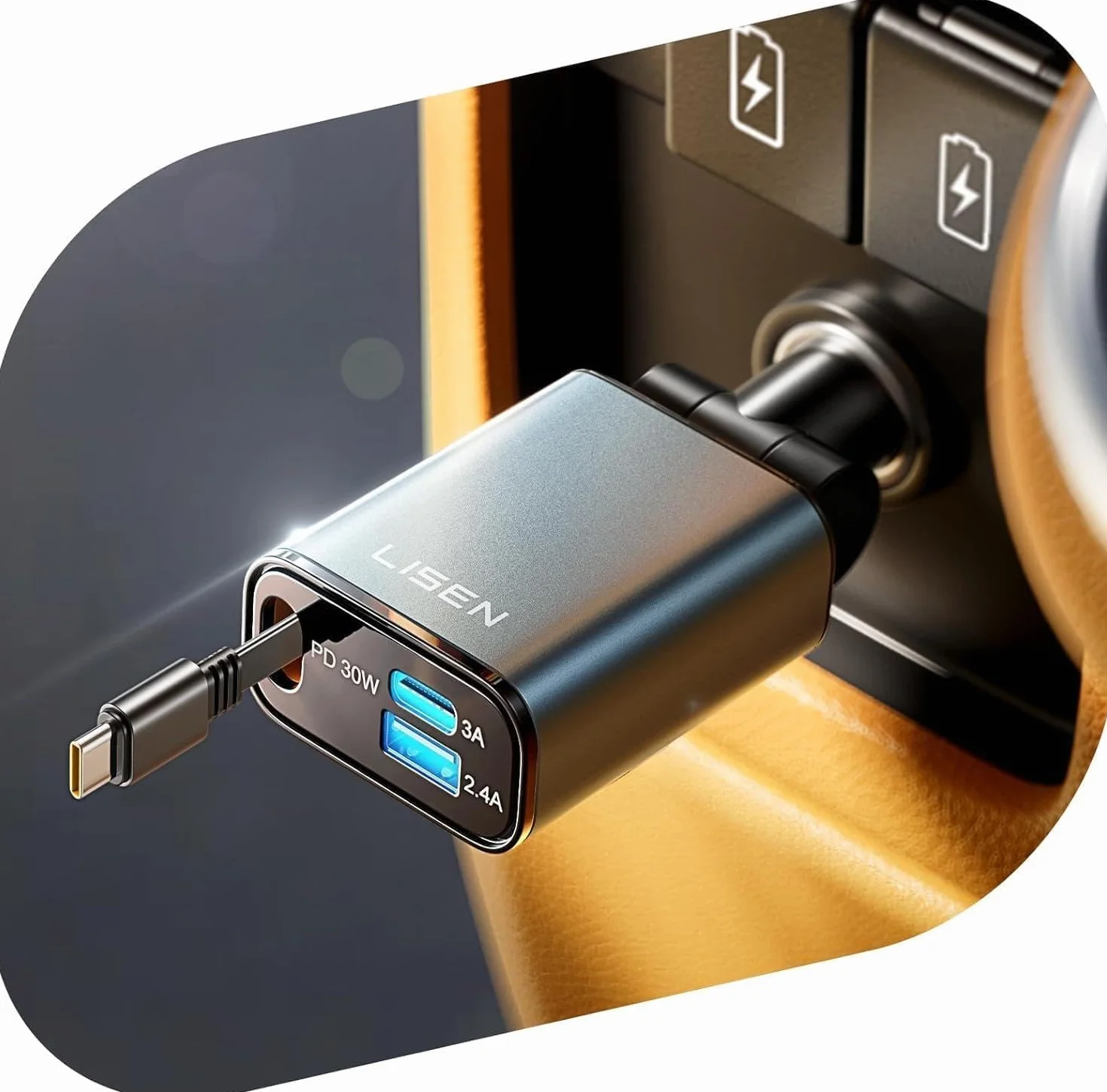LISEN 57W zapalnik papierosów USB C 3 w 1 ładowarka samochodowa - [300% kompaktowy] 12V Adapter USB Auto z kablem ładowania, ładowarka samochodowa do iPhone 16 Pro Max, Galaxy S25 Ultra, Xiaomi 15 14