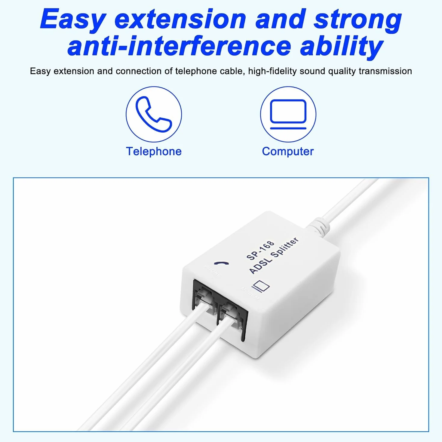 XMSJSIY DSL rozdzielacz ADSL rozdzielacz do linii telefonicznej 1 do 2 RJ11 6P4C/6P2C męski na podwójny żeński modem telefoniczny, adapter do faksu - 2 szt