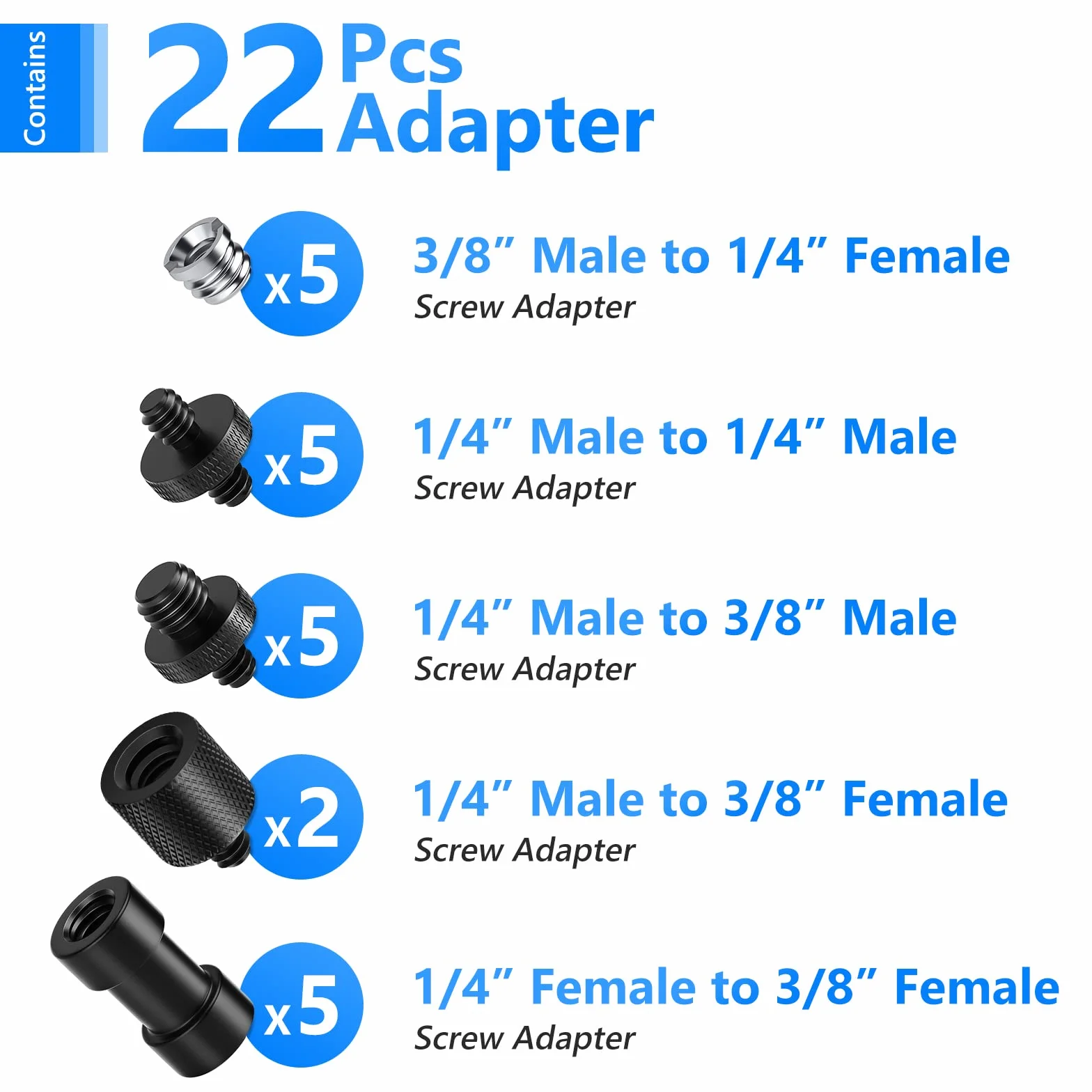 NEEWER Adapter śrub do aparatu, 22 sztuki 1/4" na 1/4" i 1/4" na 3/8" z gwintem statywu, zestaw adapterów do mocowania aparatu, statywu ST29