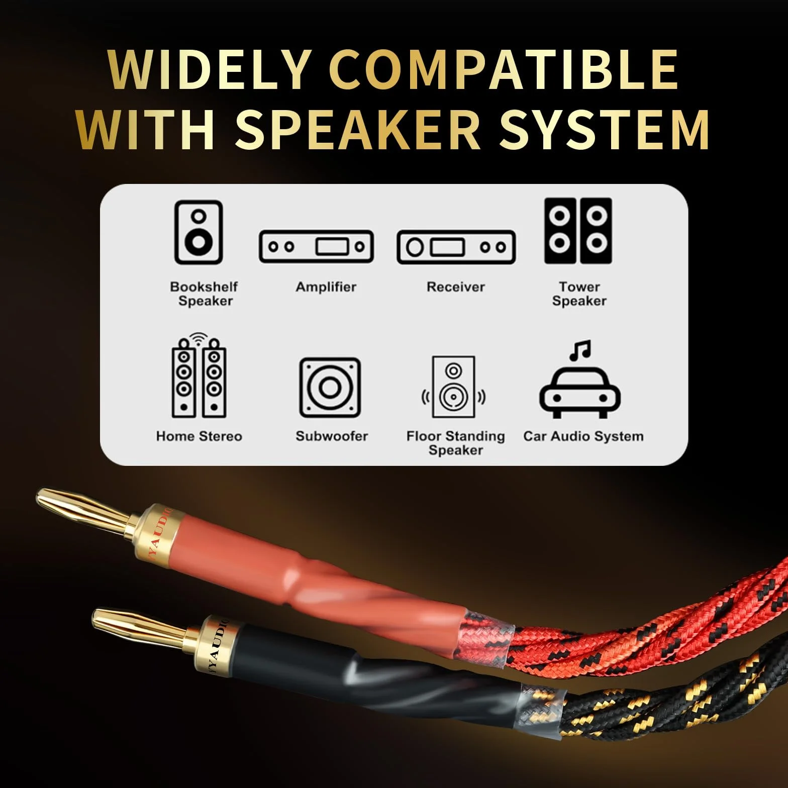 Audiofilski kabel audio do głośników HiFi 10 AWG – rdzeń OFC 4N, pozłacane 24-karatowym złotem wtyki bananowe z nylonowym oplotem; kompatybilny ze wzmacniaczem, głośnikami, kinem domowym i
