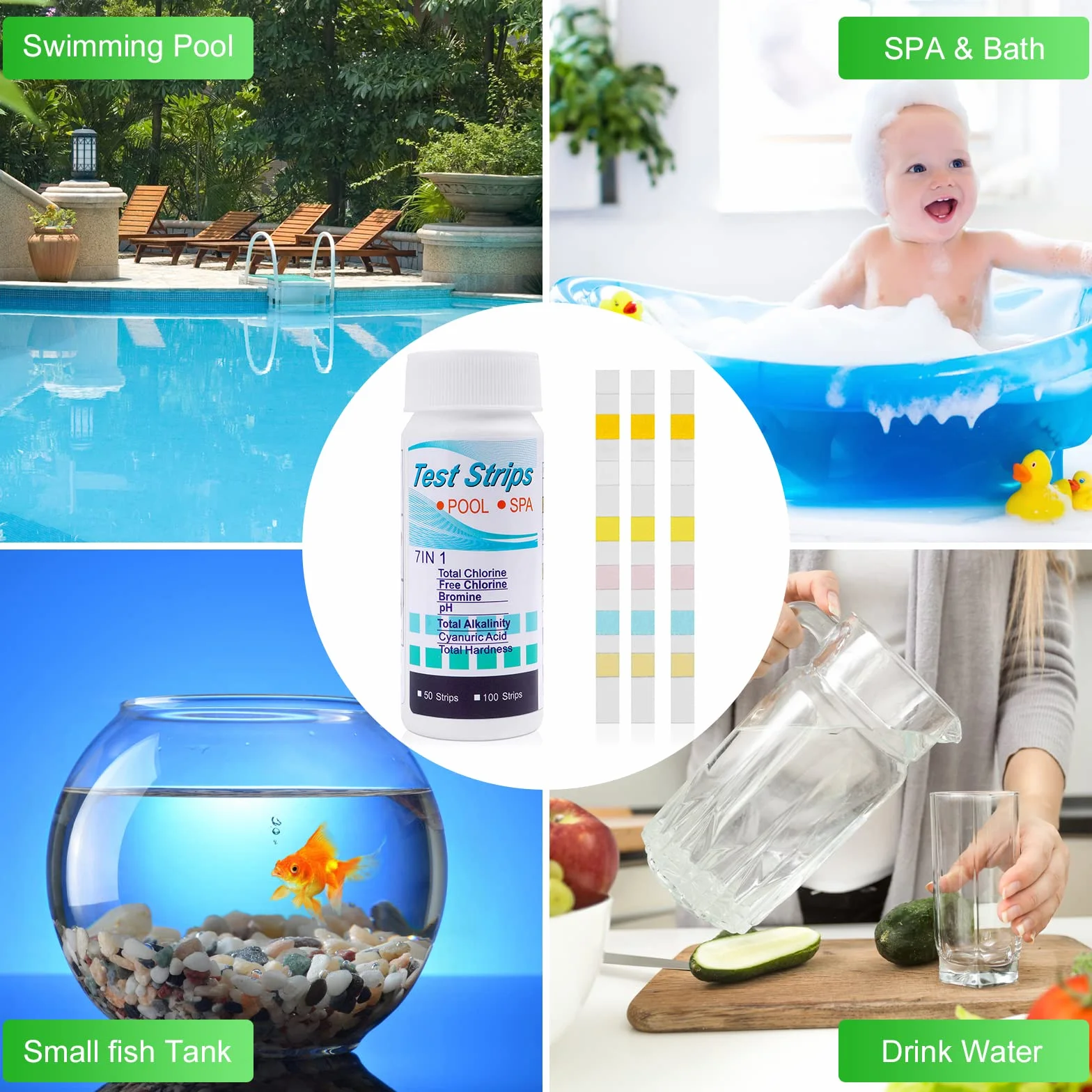 Flintronic 100 pasków testowych do basenu i spa 7 w 1 pH brom twardość chlor