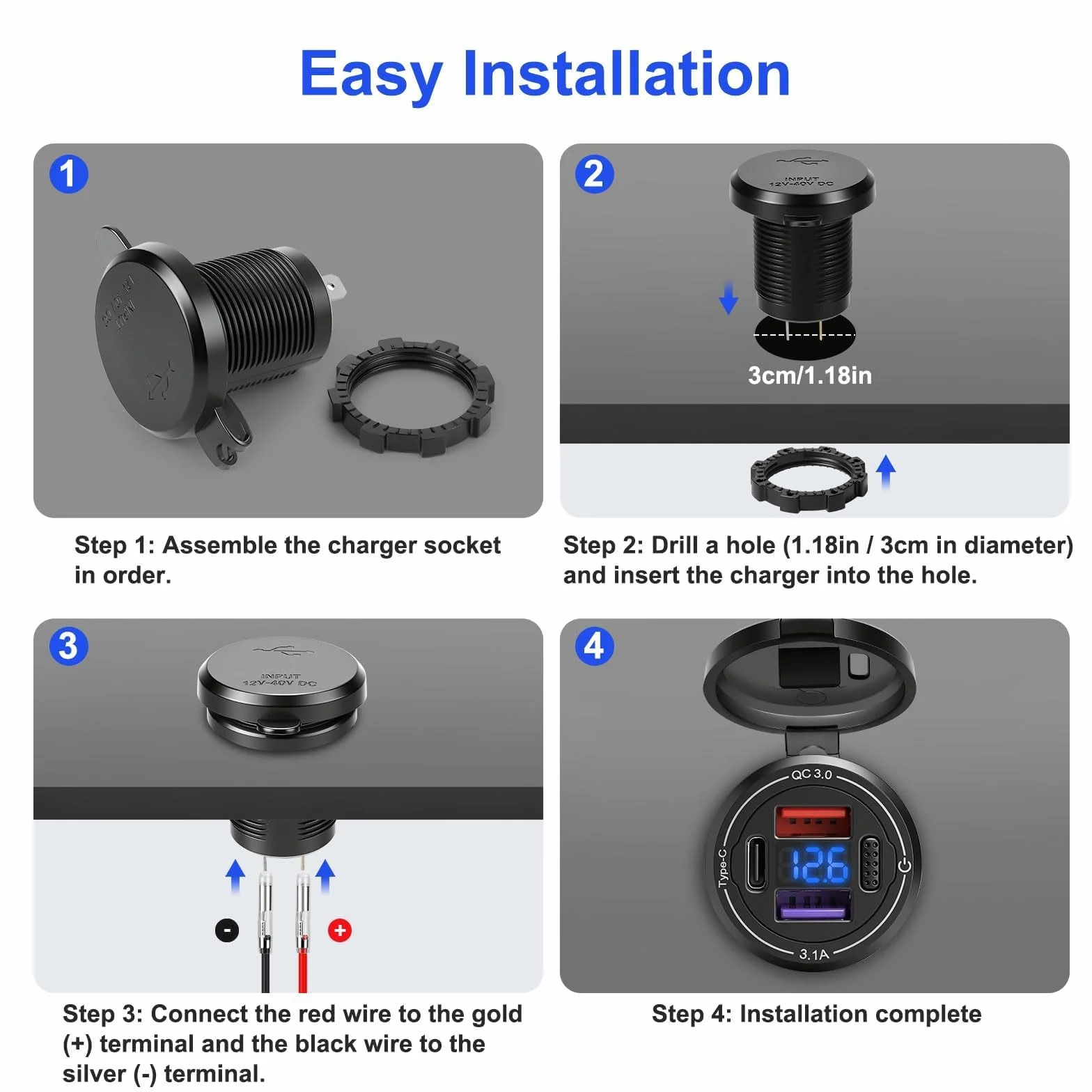 Linkstyle Ładowarka samochodowa USB, 15 W, 22 W, złącza QC i 30 W PD, gniazdo USB z przełącznikiem przyciskowym 12 V/24 V, do kampera, łodzi, motocykla, samochodu