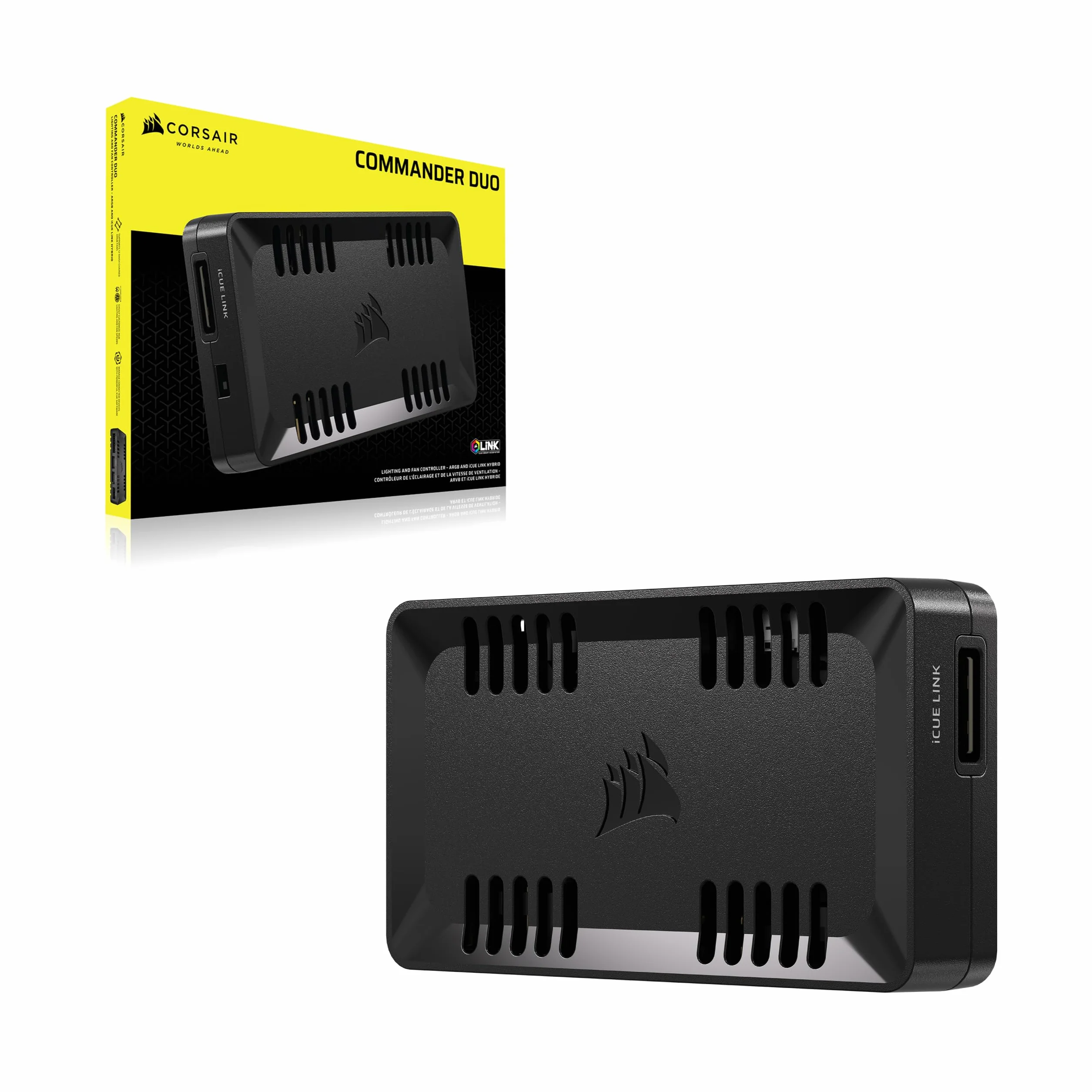 CORSAIR COMMANDER DUO iCUE LINK Oświetlenie RGB i kontroler wentylatora PWM ARGB – sterowanie 12 wentylatorami PWM z łańcuchami stokrotkowymi, w zestawie dwa elastyczne czujniki temperatury, kolor