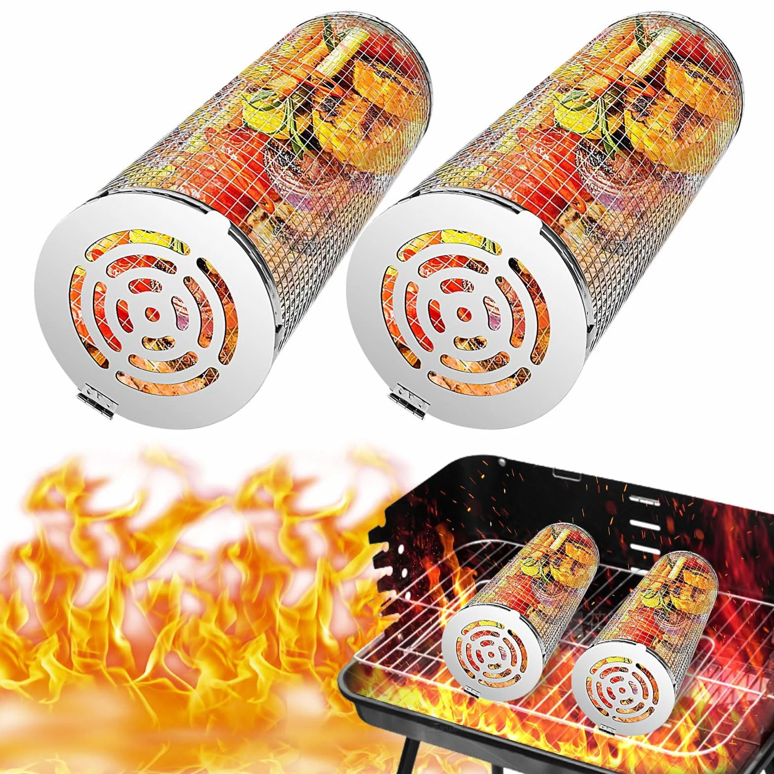 Flintronic Kosze do grilla 2 szt. przenośne cylindry ze stali nierdzewnej