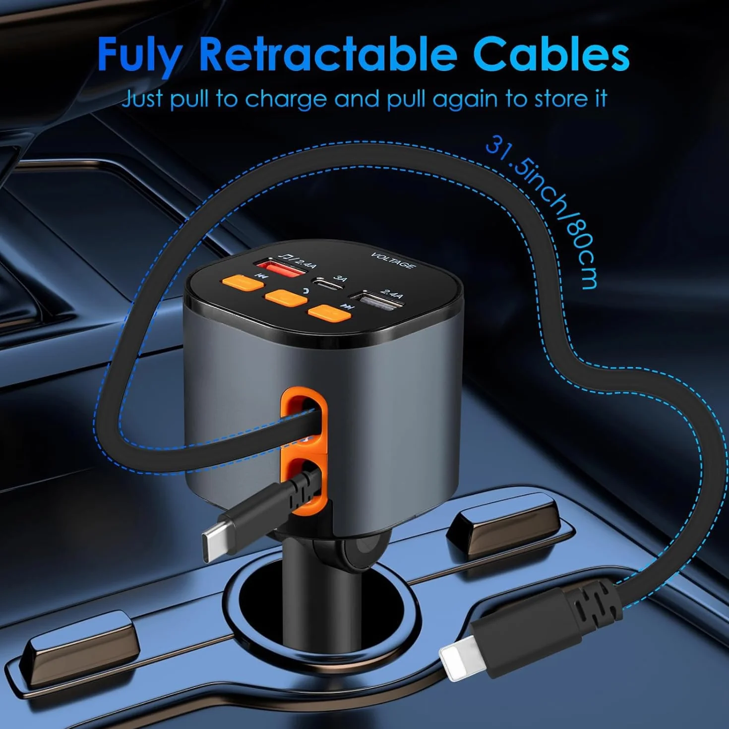 Wysuwana ładowarka samochodowa, szybka ładowarka do telefonu 5 w 1, szybka ładowarka do telefonu 90 W, adapter nadajnika FM Bluetooth 5.3, połączenia bez użycia rąk, 2 chowane kable i ładowarki USB do