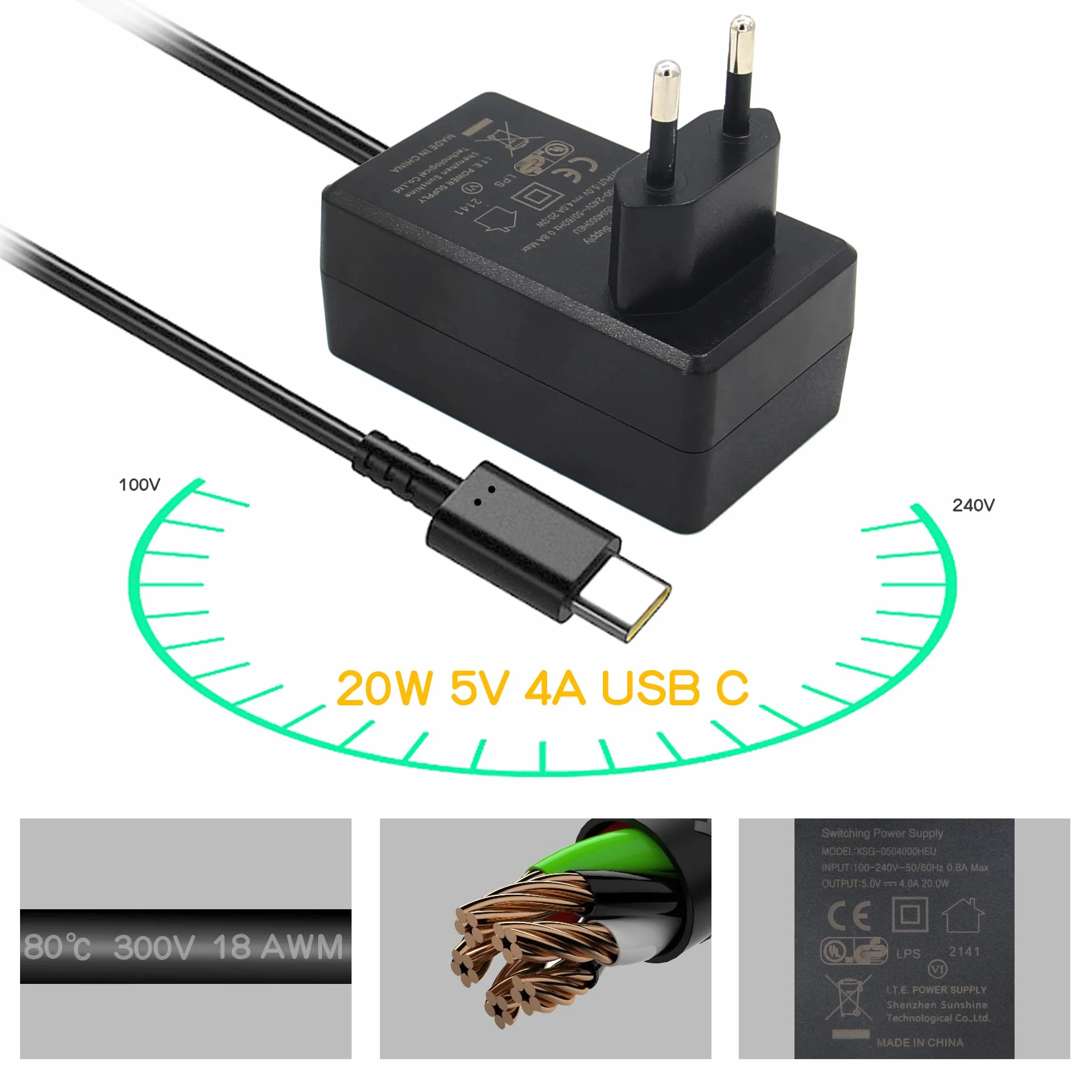 Geekworm Raspberry Pi 4 Zasilacz Power Supply, USB-C 5V 4A 20W Power Adapter Charging for Raspberry Pi 4 Model B 8GB / 4GB / 2GB / NASPi / X735 / X708 / X728 / X630 / Pi 400 / Orange Pi 5 / 5B / 5 Plus