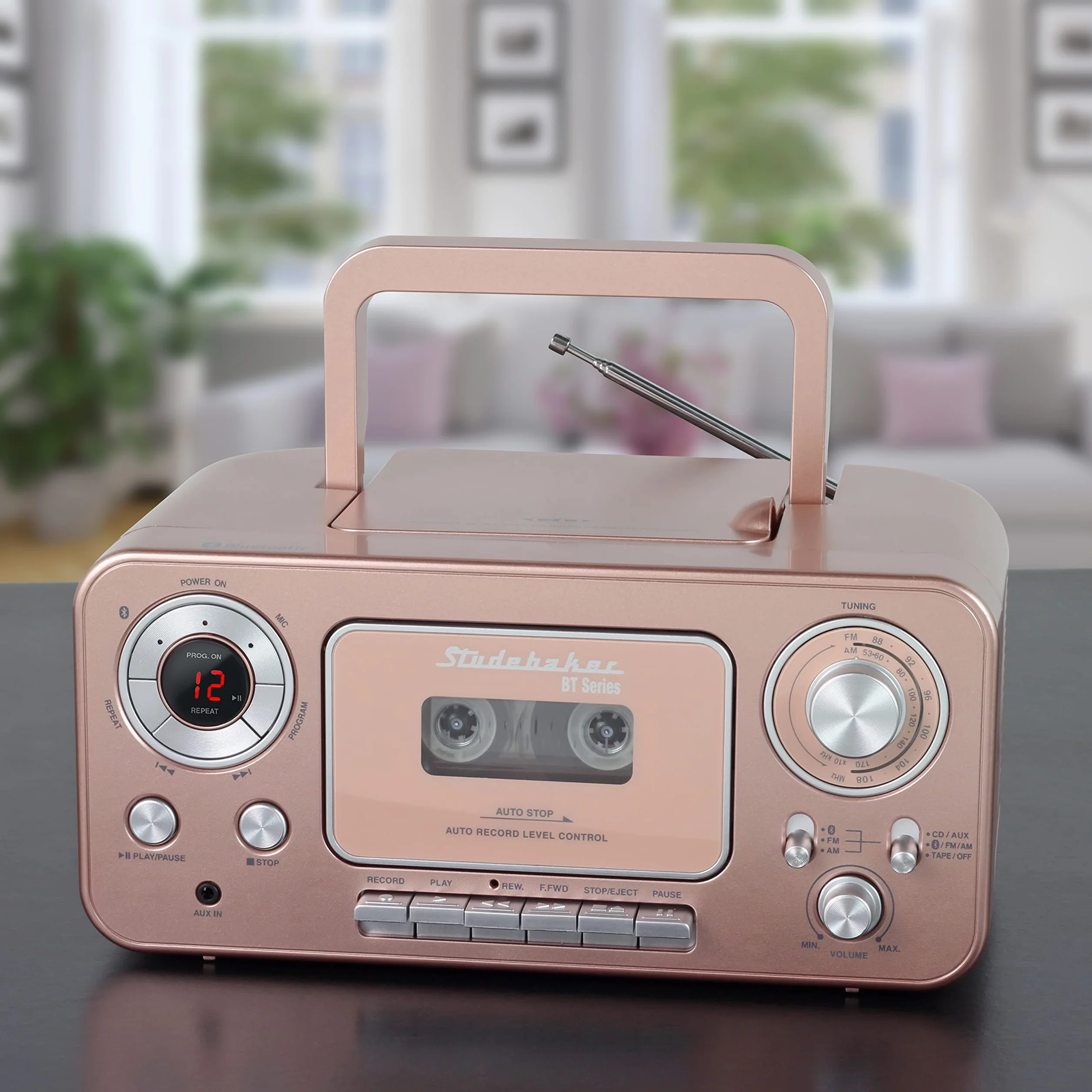 Przenośny odtwarzacz CD stereo z Bluetooth, radiem stereo AM/FM i odtwarzaczem kasetowym/nagrywarką (różowe i złote)