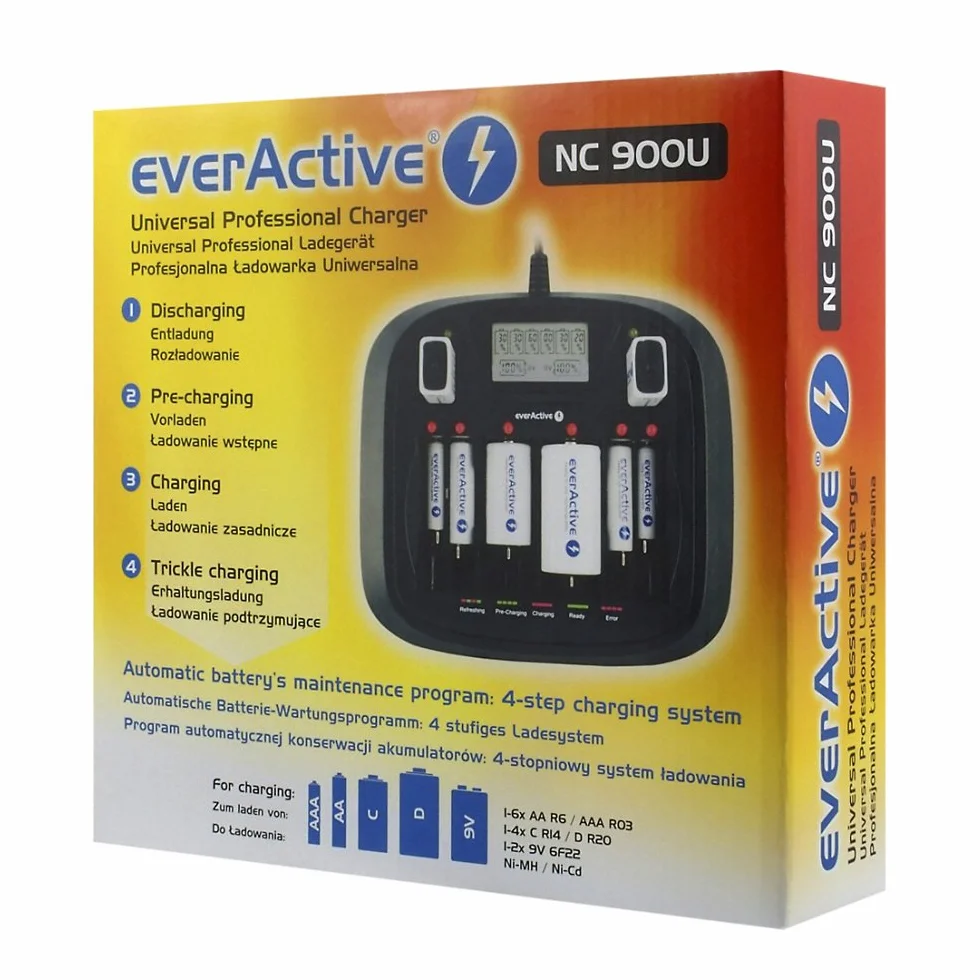 everActive Ładowarka do 8 akumulatorów AAA AA C D 9 V, uniwersalna i szybka, w pełni automatyczna, LCD ze wskaźnikiem poziomu baterii, model: NC-900U