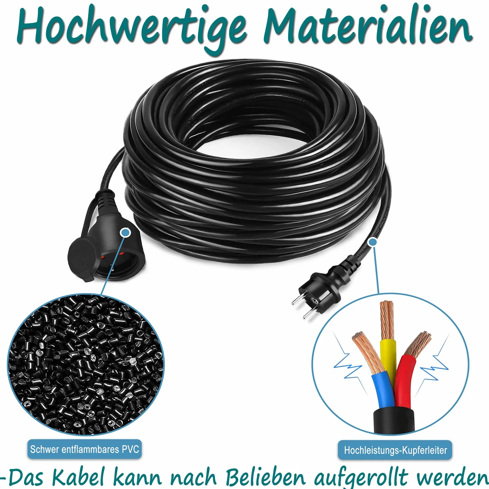 YRHome 30 m czarny przedłużacz prądu, wtyczka euro, wtyczka Schuko, przedłużacz 220-230 V, 16 A z nasadką ochronną, IP44, kabel na plac budowy, wtyczka ze stykiem ochronnym