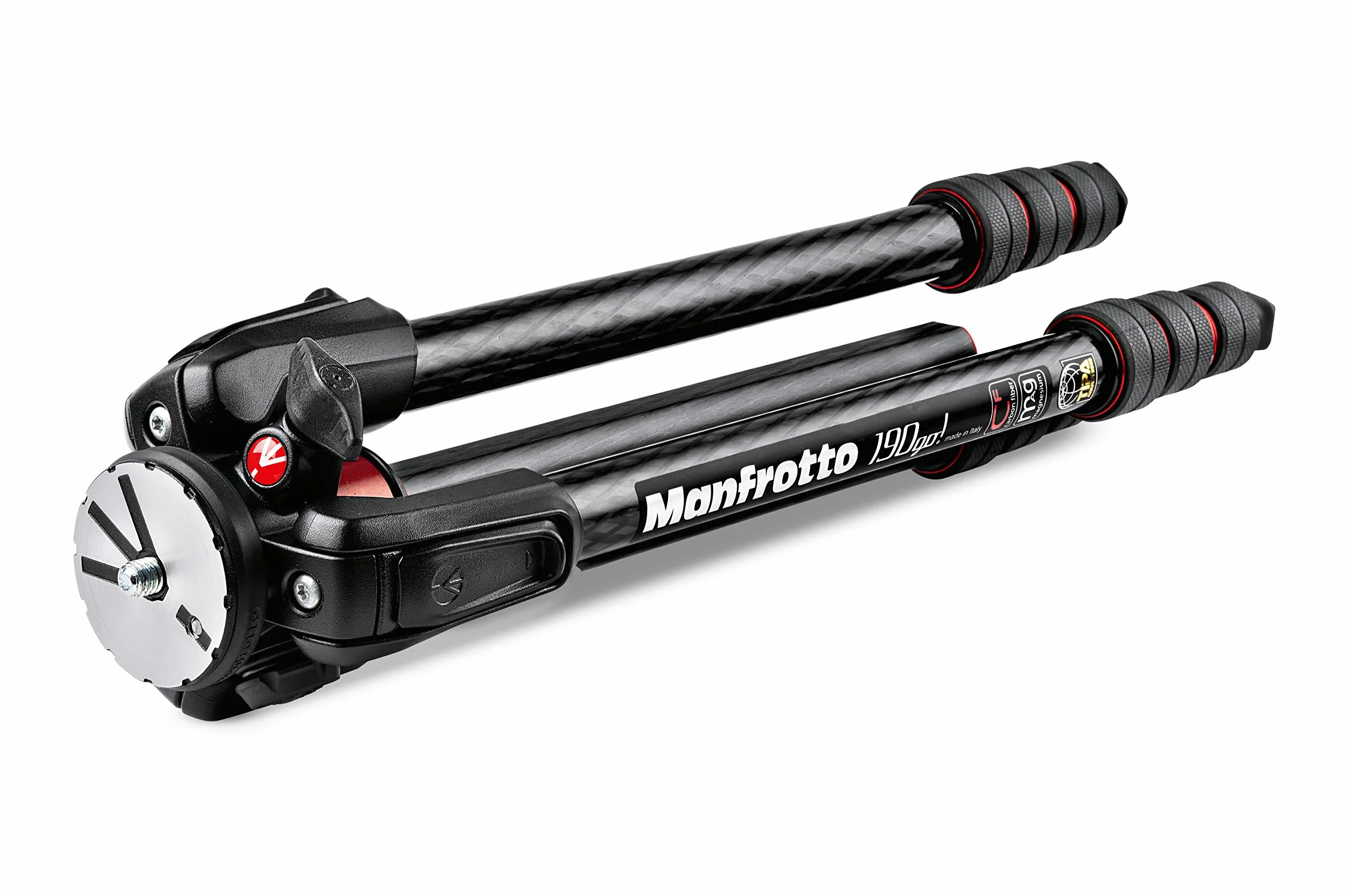 Manfrotto MT190GOC4 zestaw 190 włókno węglowe 4 sekcje aluminiowy statyw do aparatu, system szybkiego blokady zasilania. Made in Italy, do DSLR, CSC, bezlusterkowy czarny
