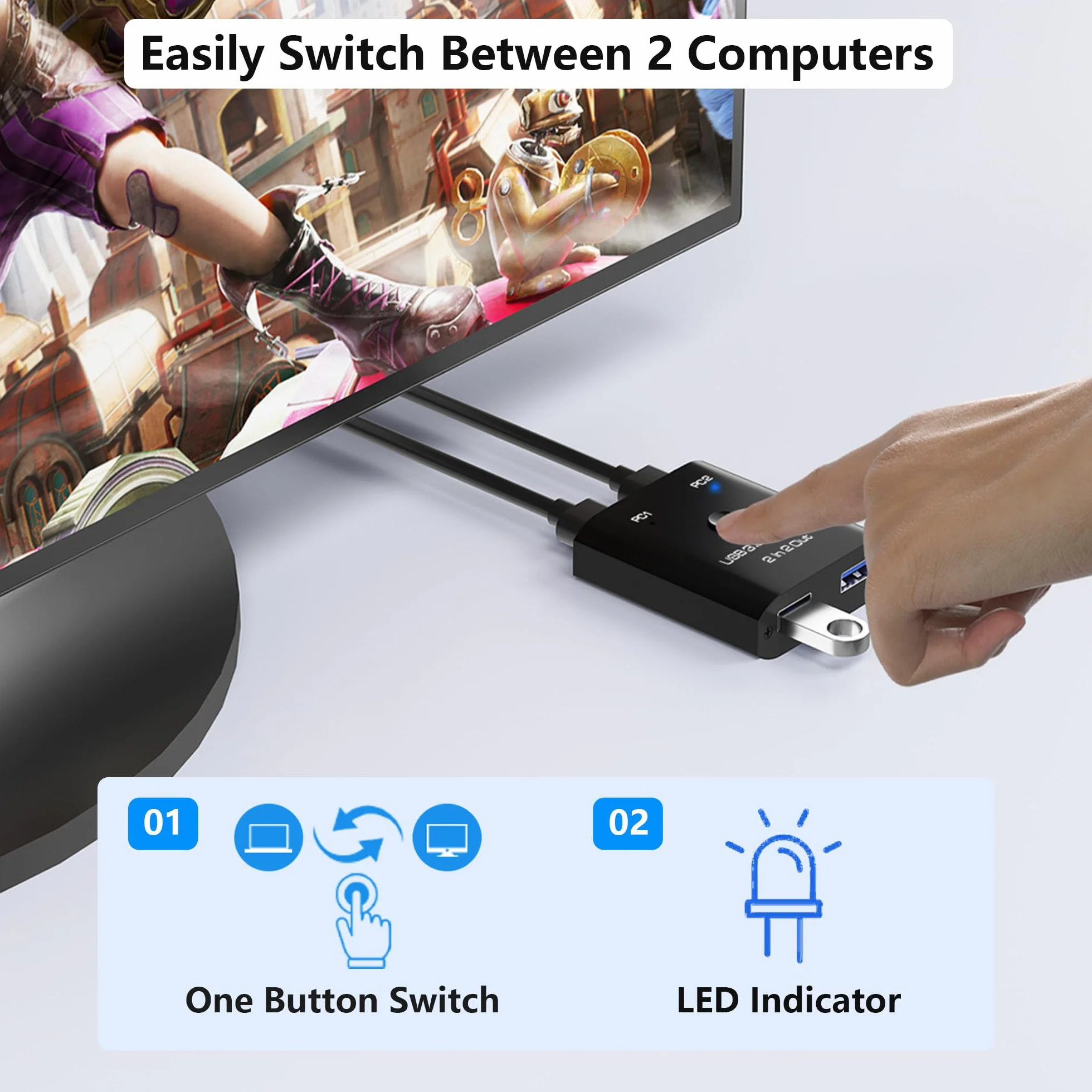 Przełącznik USB 3.0 2 w 2 wyjścia, przełącznik USB do 2 komputerów, do udostępniania klawiatury, myszy, drukarki, przełącznik udostępniania USB do Windows/Mac/Linux, 2-portowy przełącznik USB z 2
