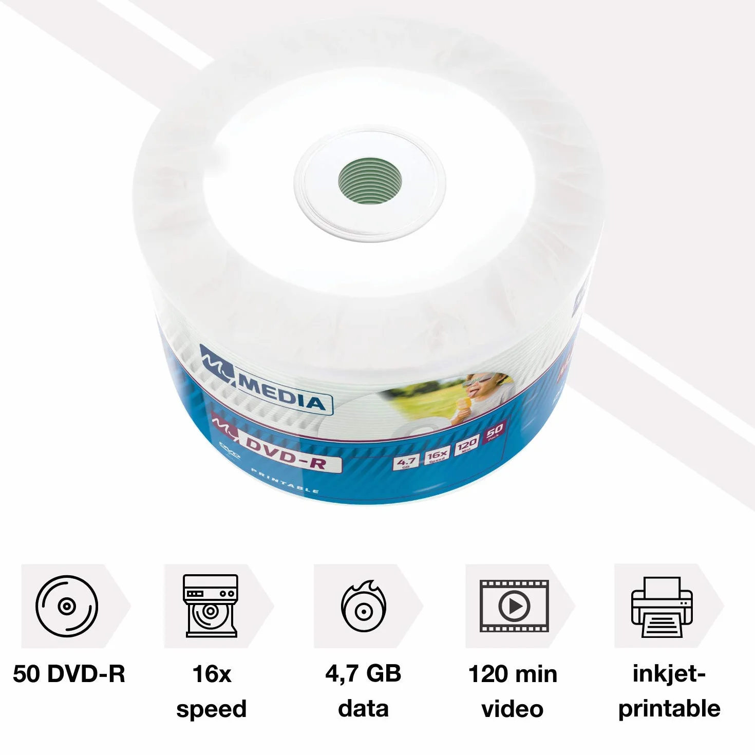 Dvd‑R 16 x 4.7 GB, Opakowanie 50 Szt, Wrzeciona, Surowe Płyty DVD do Zadrukowania, 16-Krotna Prędkość Wypalania i Długa Żywotność, DVD, Pusta DVD, Surowe DVD